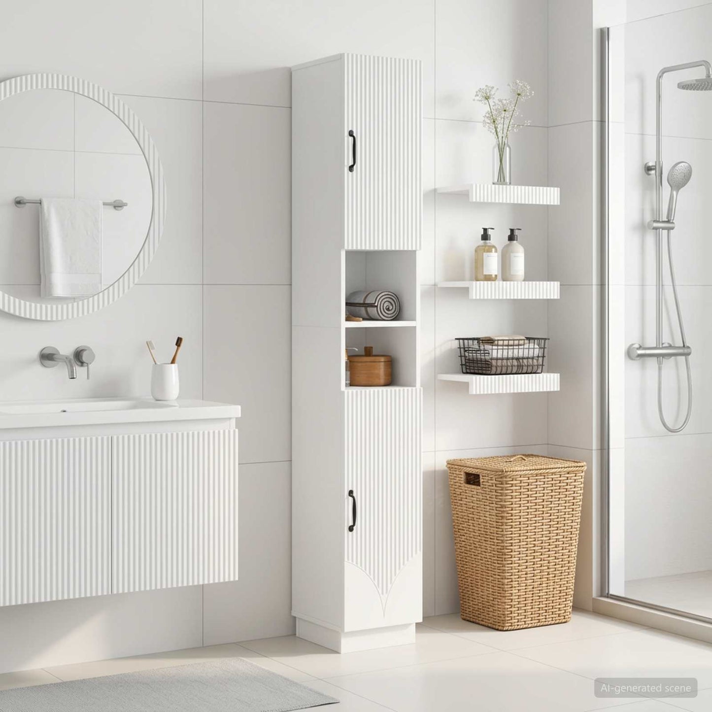 Badezimmerschrank mit offenem Regal HOORN Hochglanz Weiß
