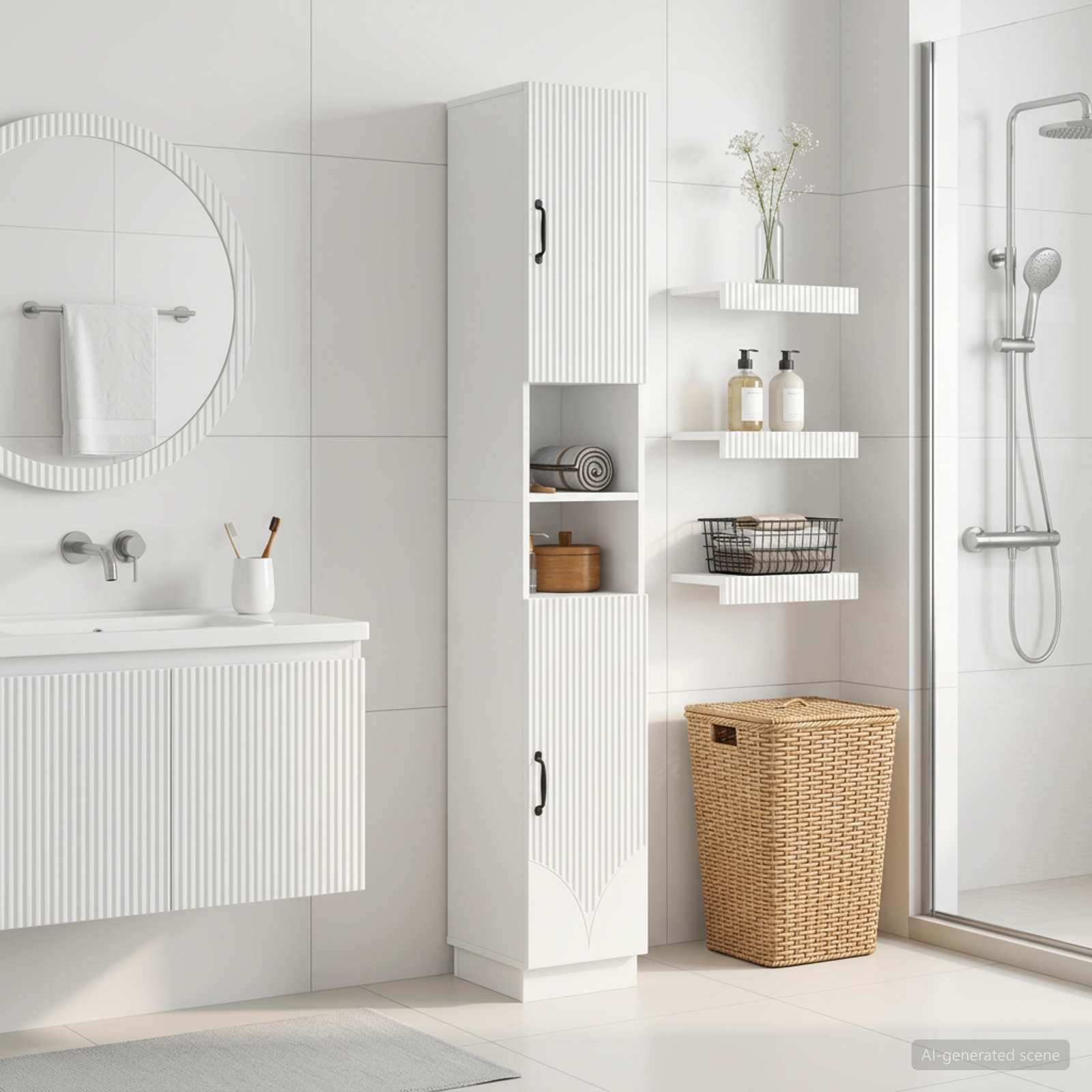Badezimmerschrank mit offenem Regal HOORN Hochglanz Weiß
