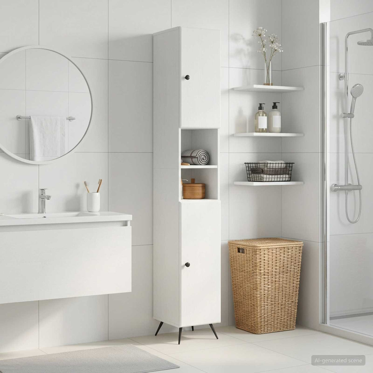 Badezimmerschrank mit offenem Regal BREDA Weiß 30 x 31 x 190 cm
