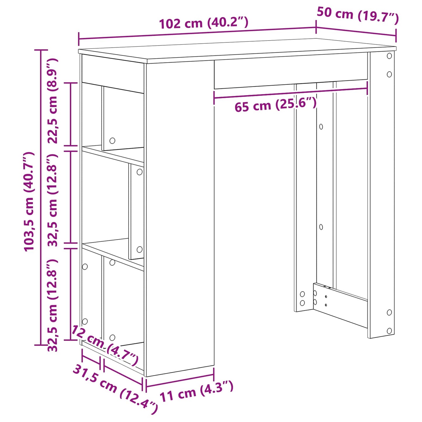 Bartisch 102 x 50 x 103,5 cm Holzwerkstoff Schwarz Eichen-Optik