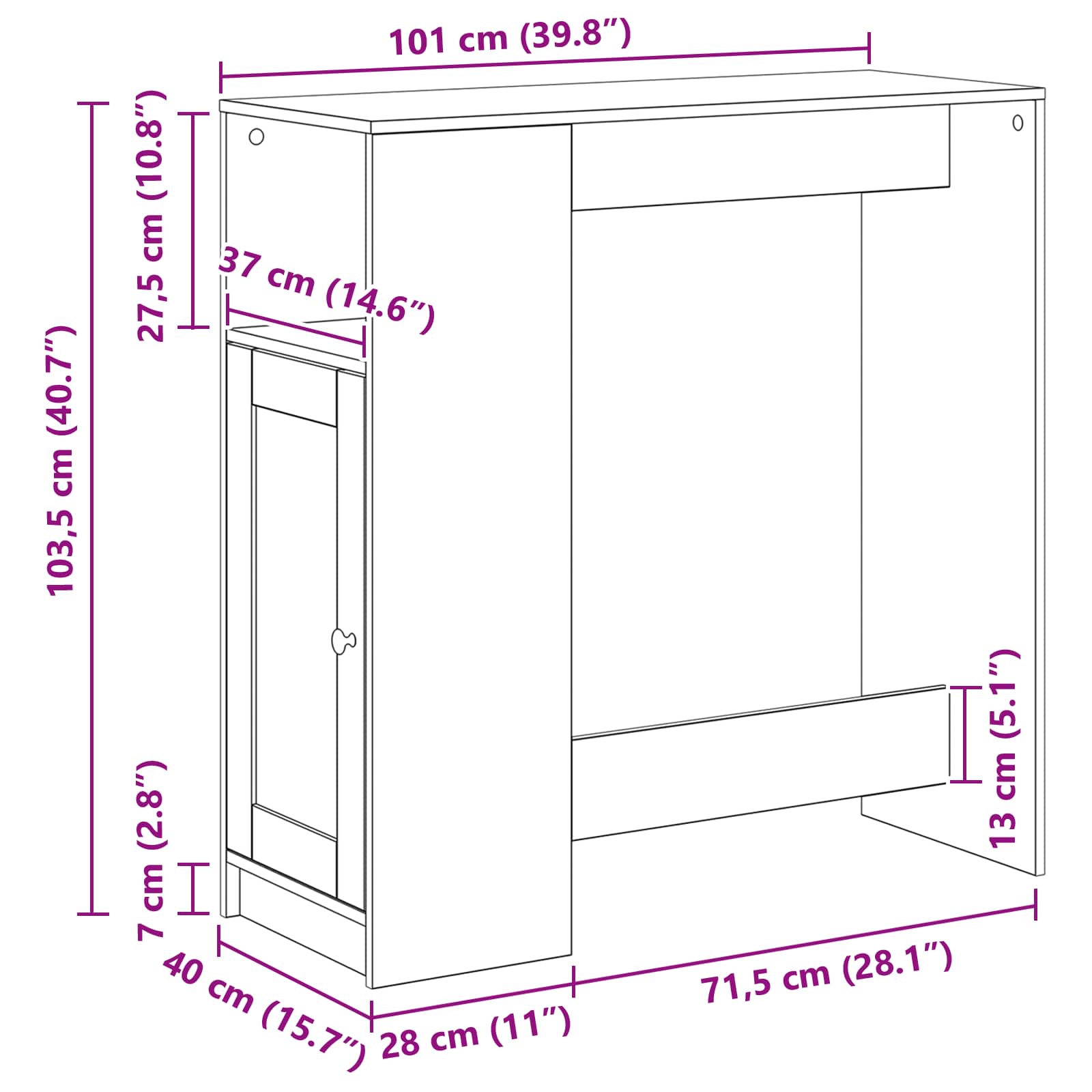 Bartisch 101 x 40 x 103,5 cm Holzwerkstoff Schwarz Eichen-Optik