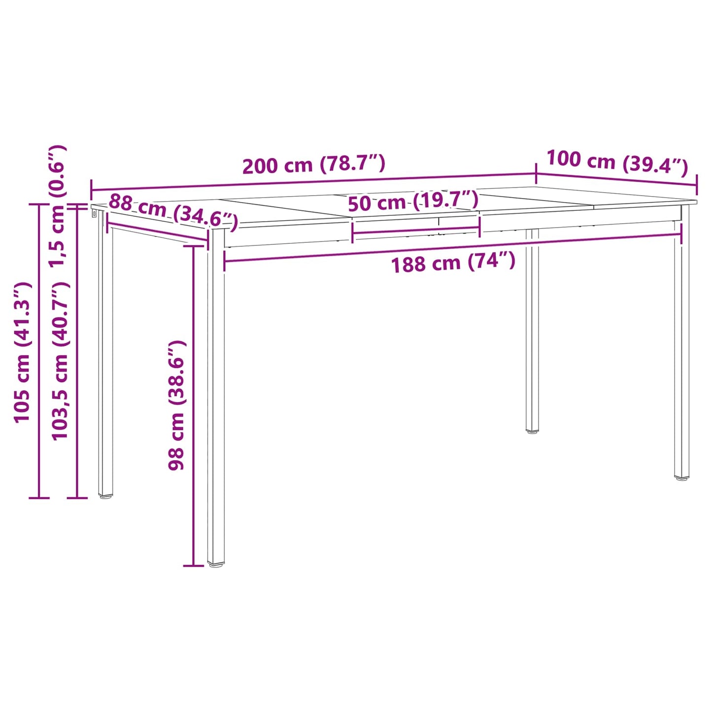 Bartisch Natur 200 x 100 x 105 cm Massives Kiefernholz