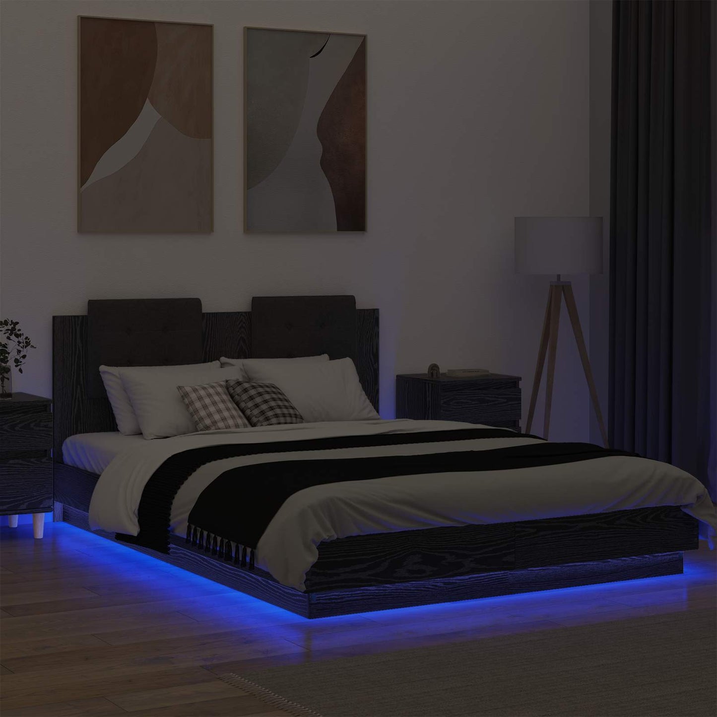 Bettgestell mit Kopfteil Schwarz Eichen-Optik 150 x 200 cm