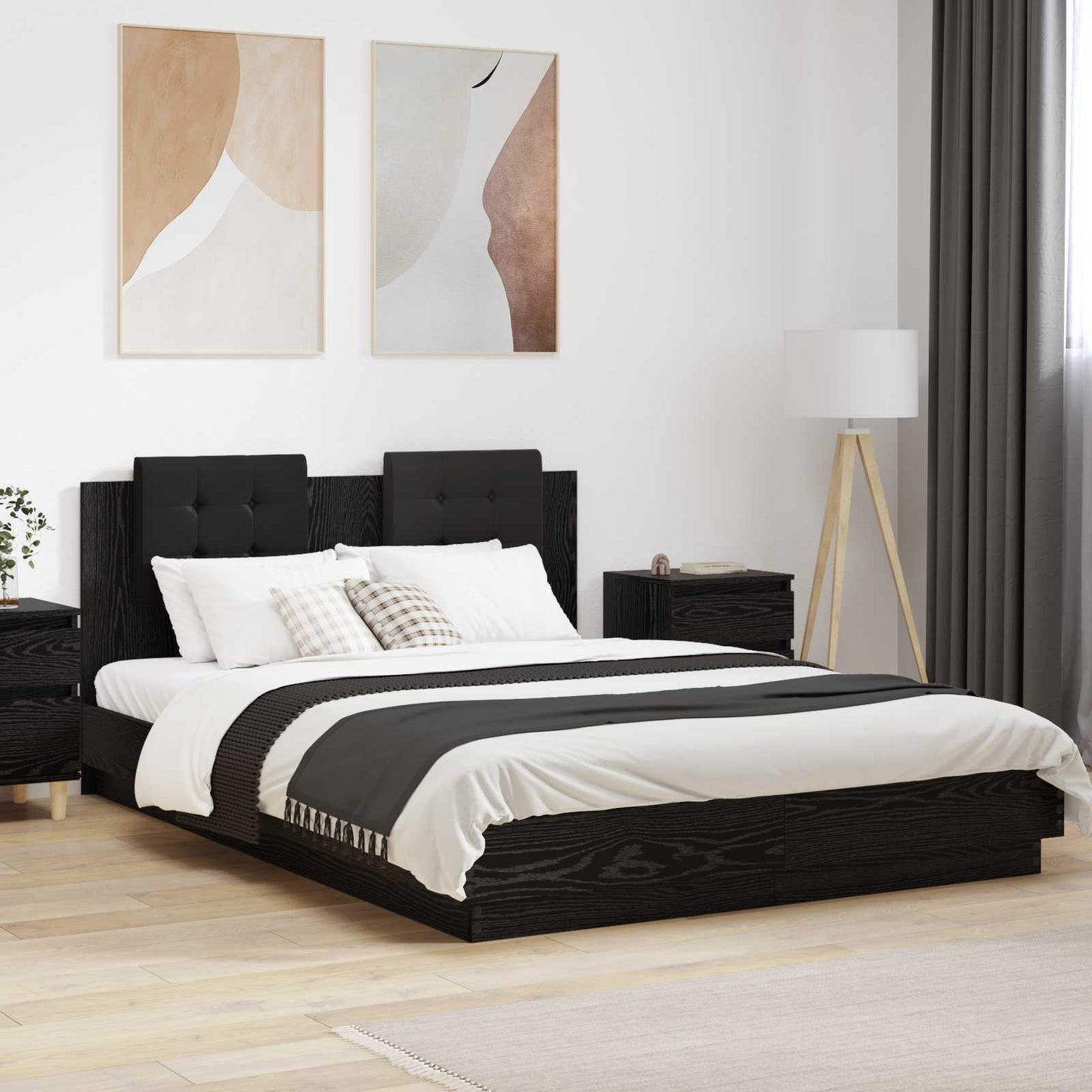 Bettgestell mit Kopfteil Schwarz Eichen-Optik 150 x 200 cm