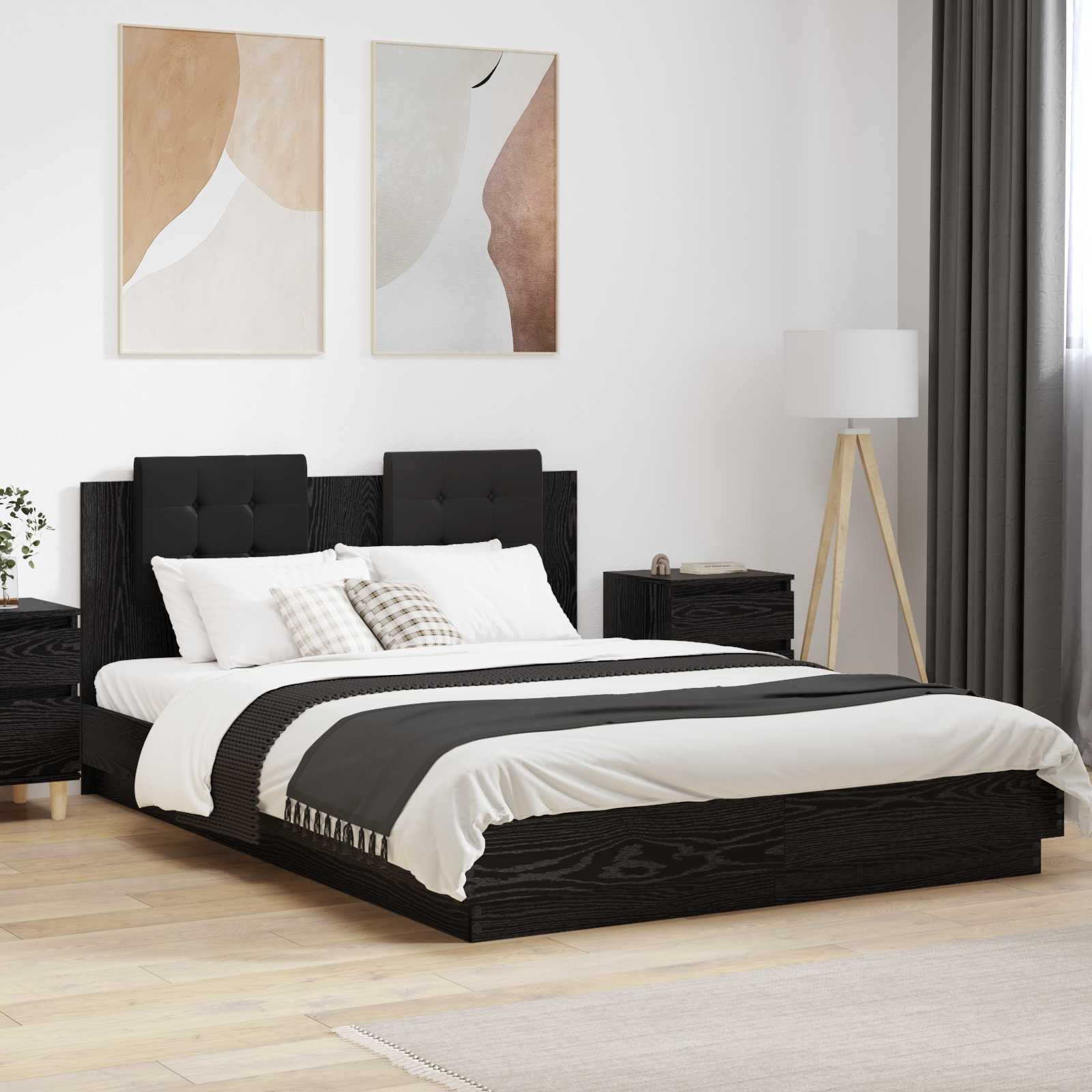 Bettgestell mit Kopfteil Schwarz Eichen-Optik 150 x 200 cm