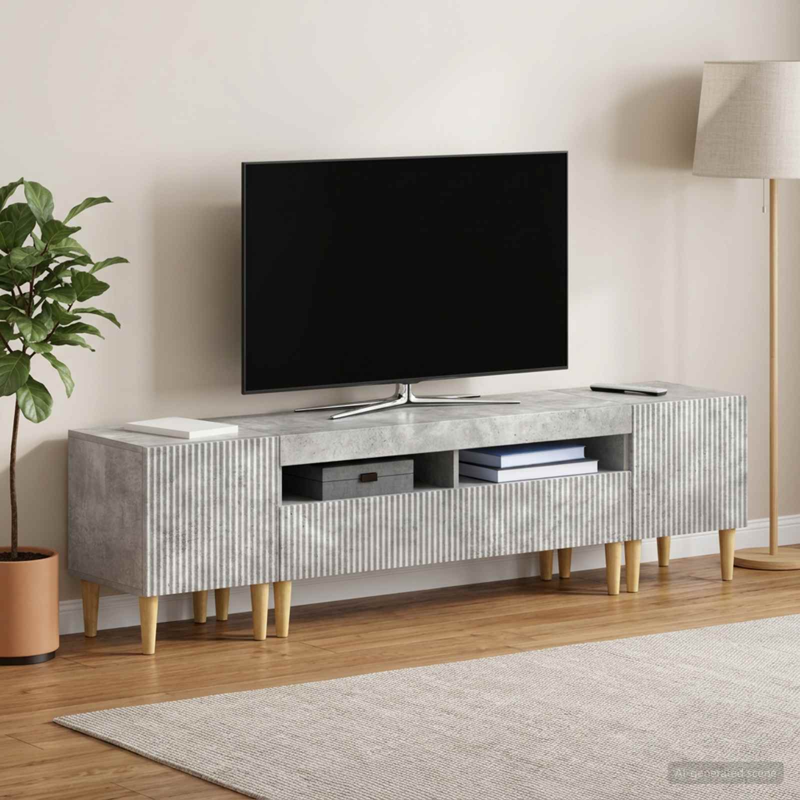 5-teiliges LED TV Schrank Betongrau Holzwerkstoff