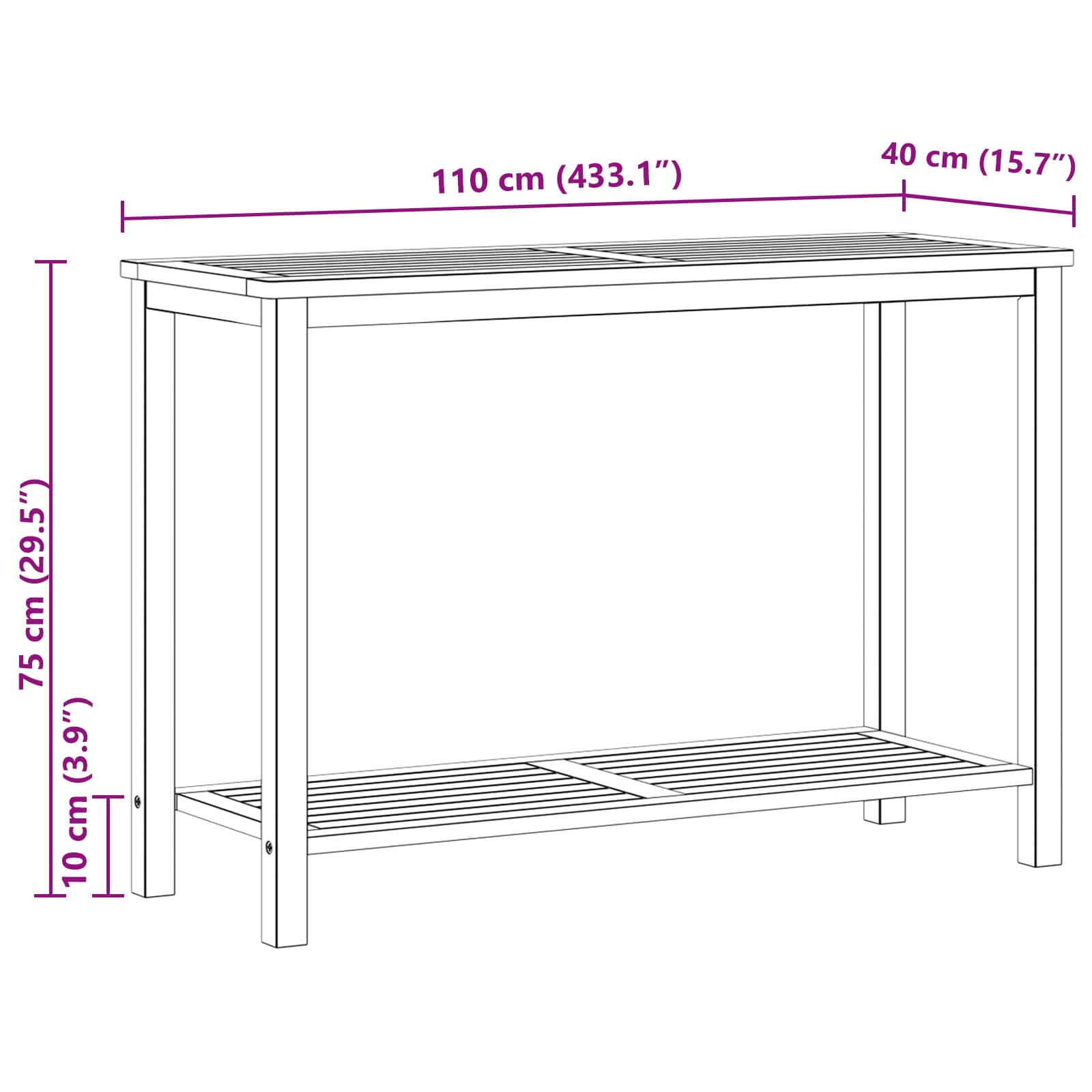 Gartenkonsole Tisch Helles Akazienholz 110 x 40 x 75 cm