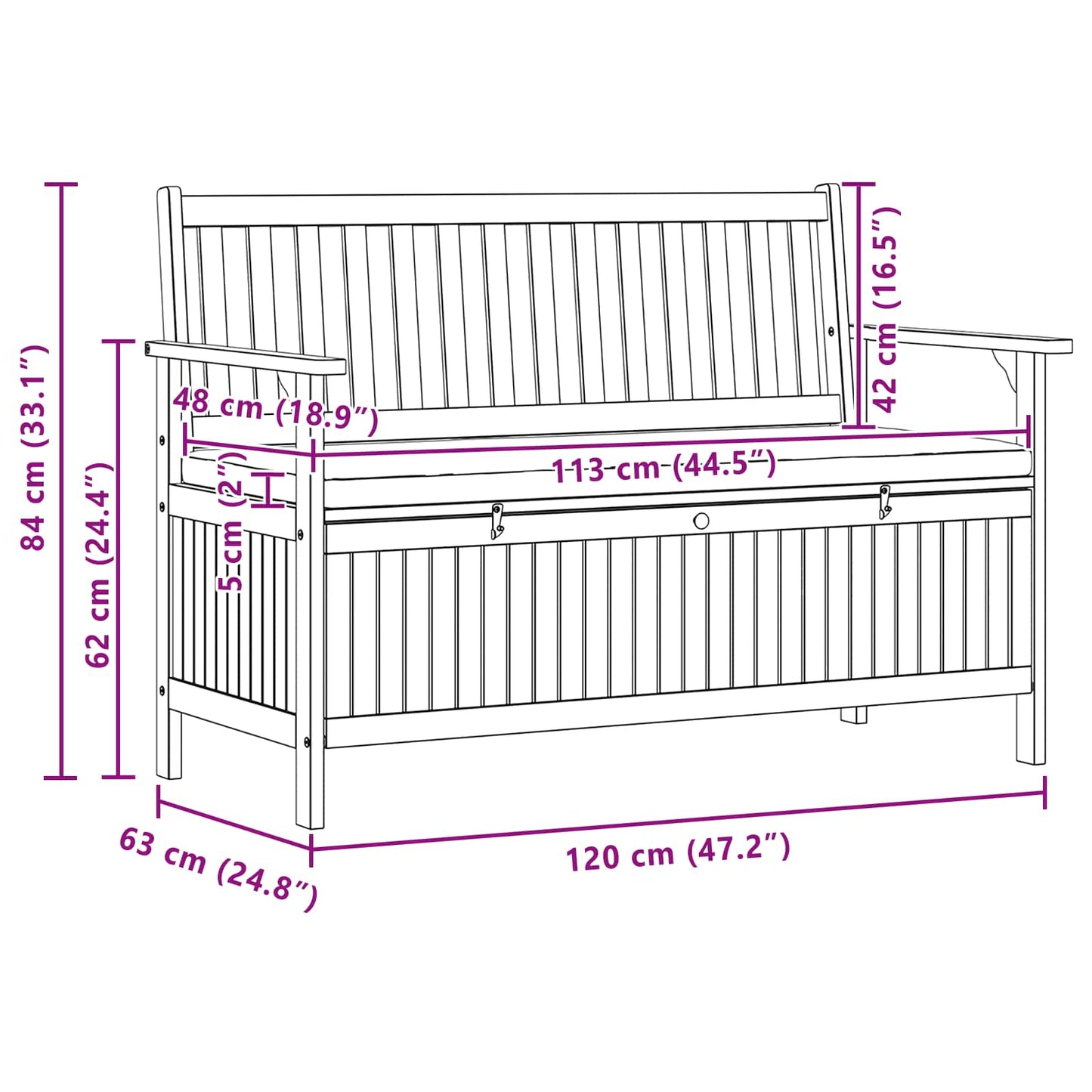 Garten-Aufbewahrungsbank 2 -Seater 120 x 63 x 84 cm Rechteckig
