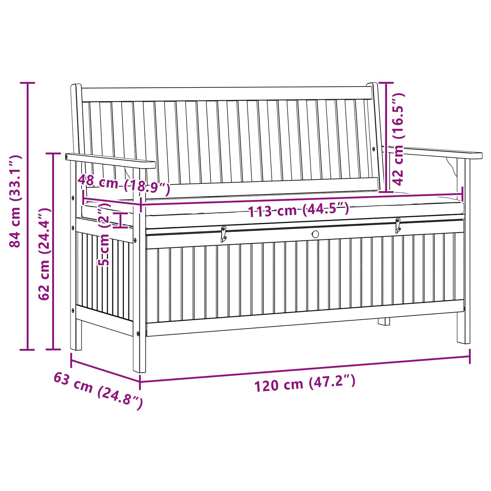 Garten-Aufbewahrungsbank 2 -Seater 120 x 63 x 84 cm Rechteckig