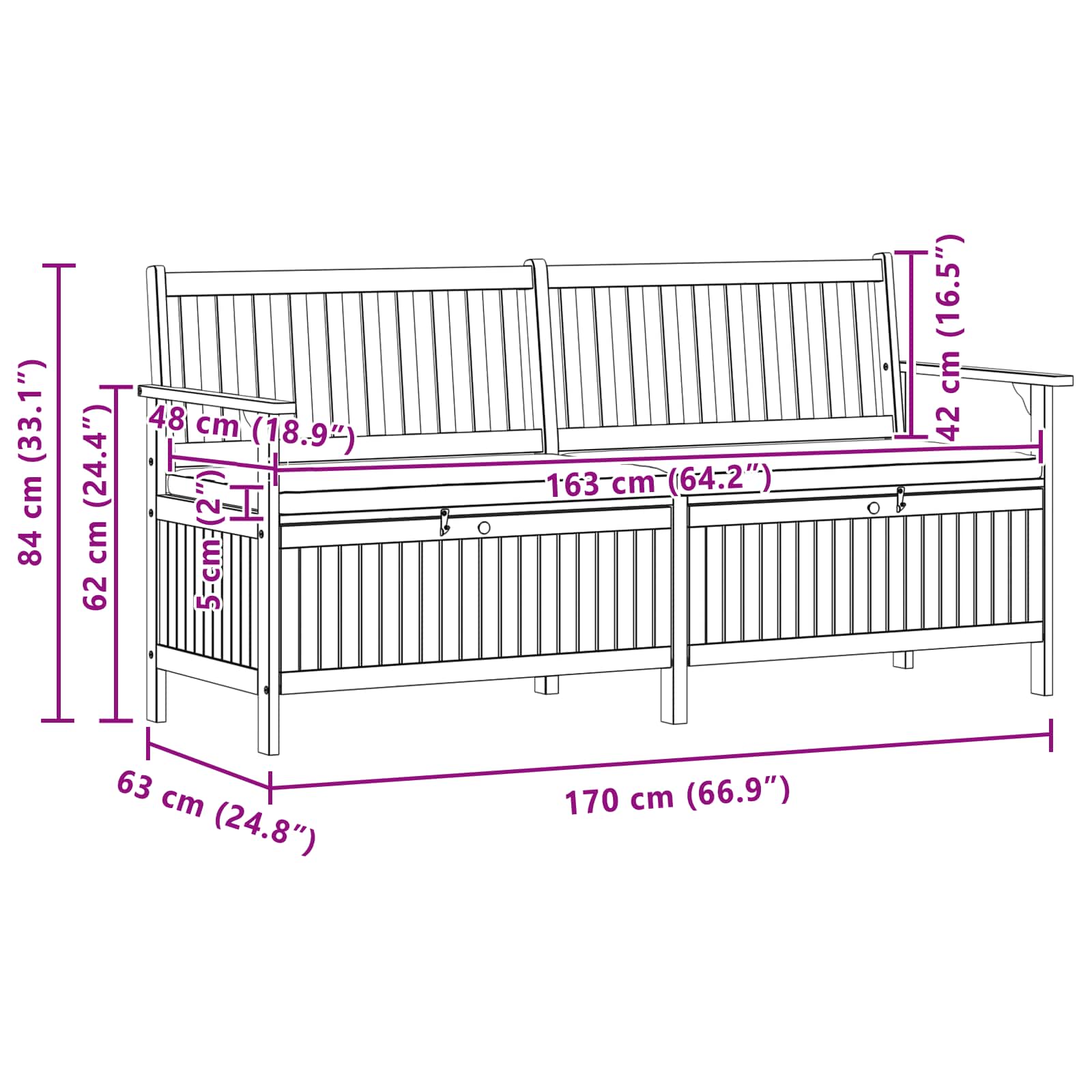 Garten-Aufbewahrungsbank 2 -Seater 170 x 63 x 84 cm Rechteckig