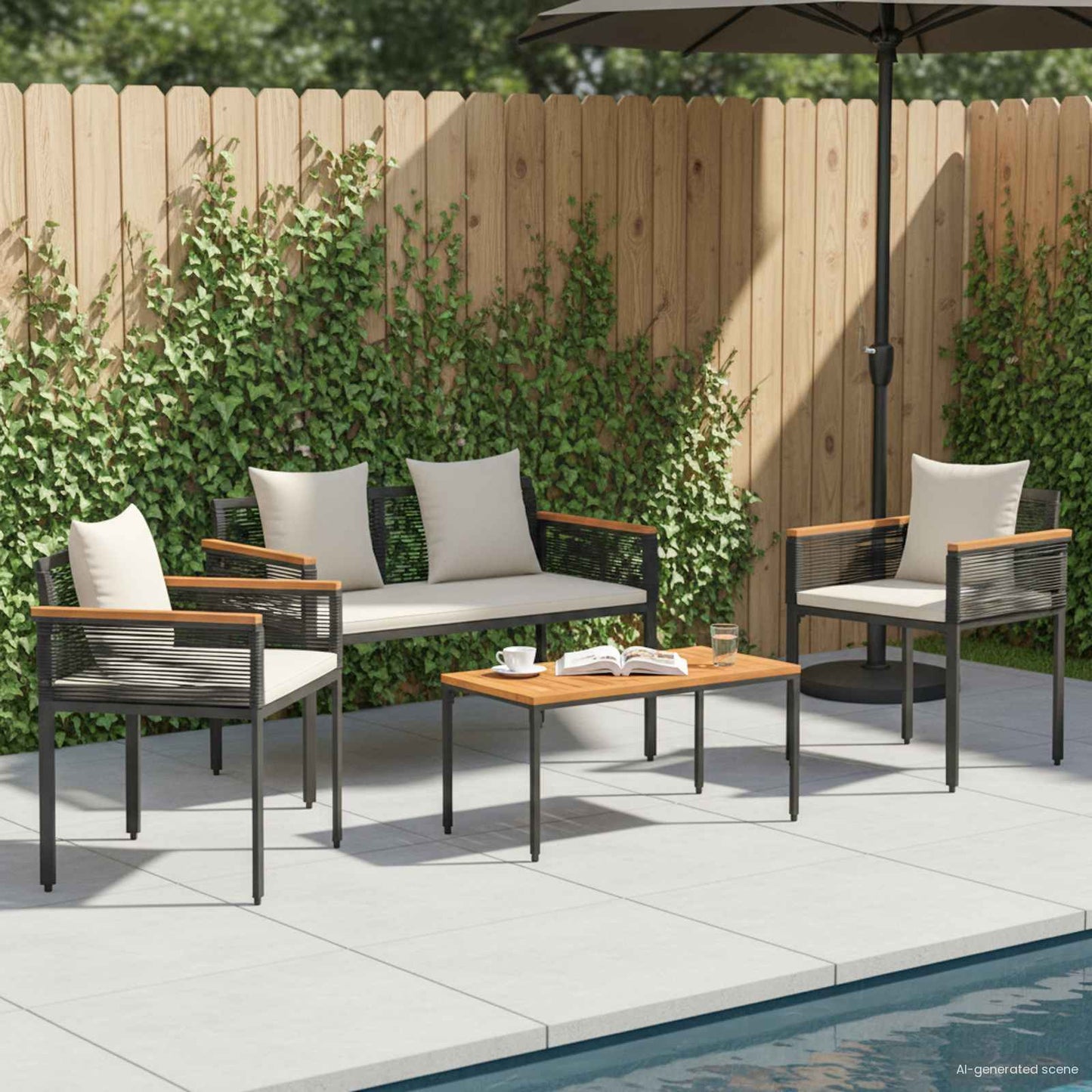 Gartenmöbel Set mit Kissen Schwarz und Cremeweiß Poly-Rattan