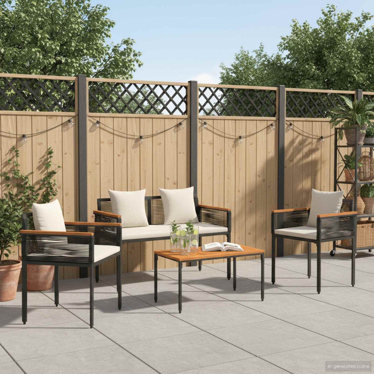 Gartenmöbel Set mit Kissen Schwarz und Cremeweiß Poly-Rattan