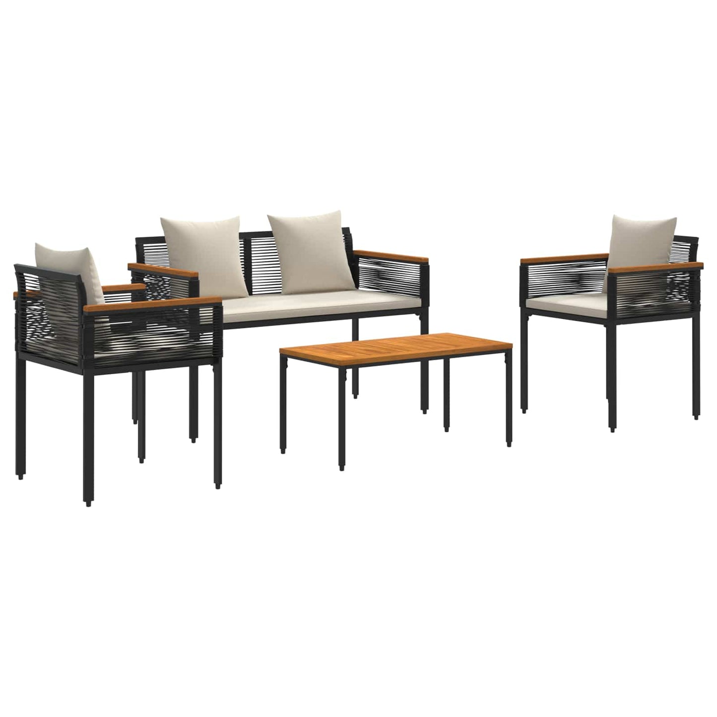 Gartenmöbel Set mit Kissen Schwarz und Cremeweiß Poly-Rattan