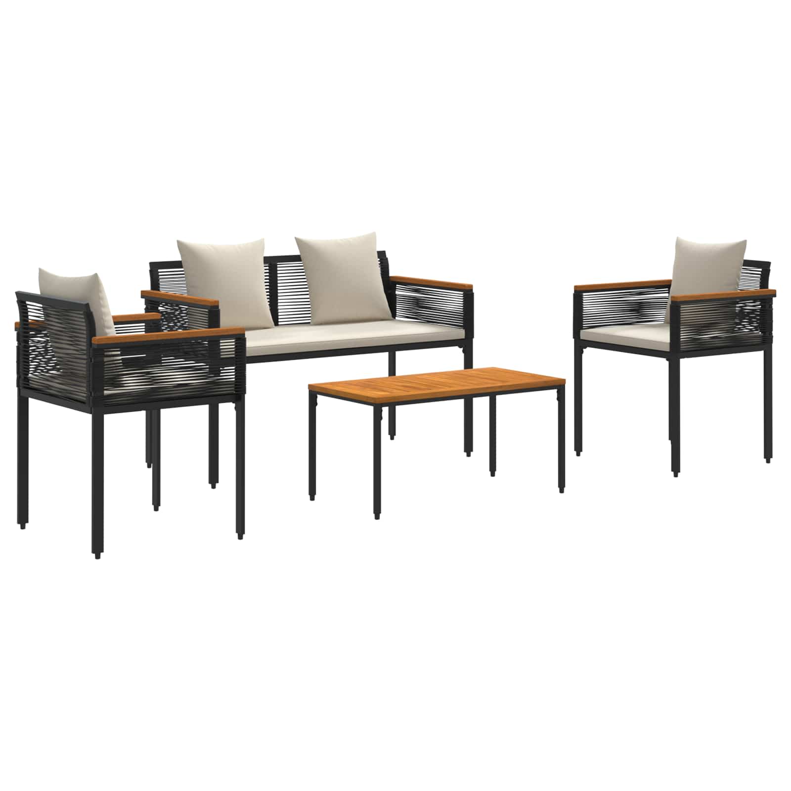 Gartenmöbel Set mit Kissen Schwarz und Cremeweiß Poly-Rattan