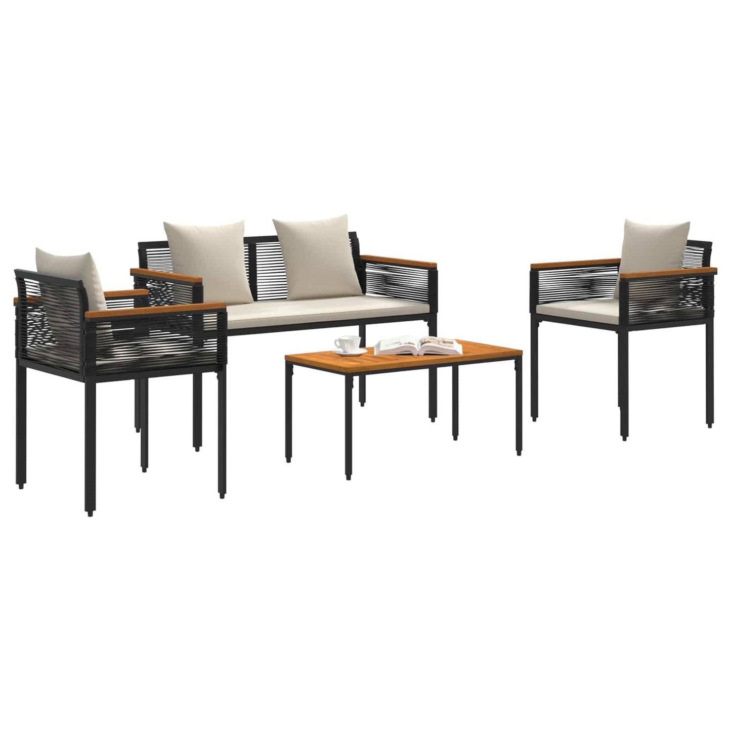 Gartenmöbel Set mit Kissen Schwarz und Cremeweiß Poly-Rattan