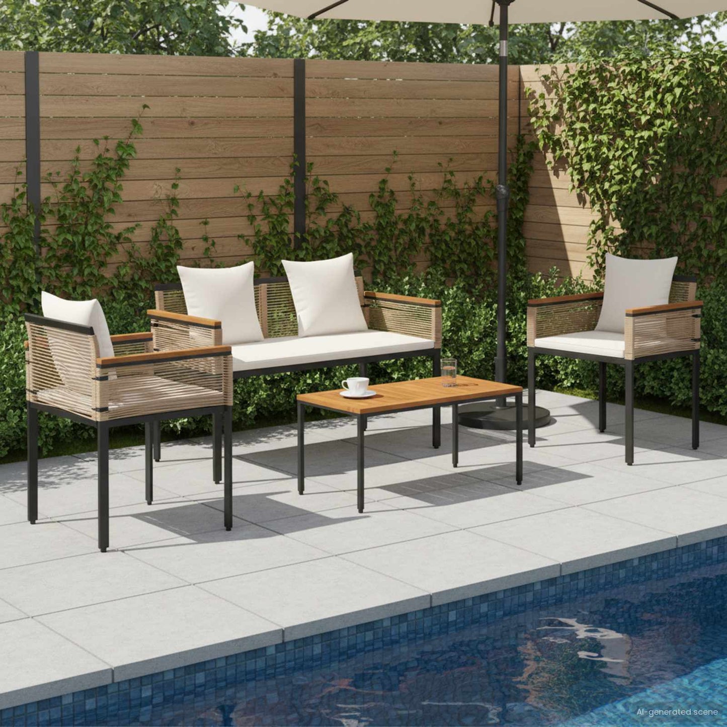 Gartenmöbel Set mit Kissen Beige und Cremeweiß Poly-Rattan