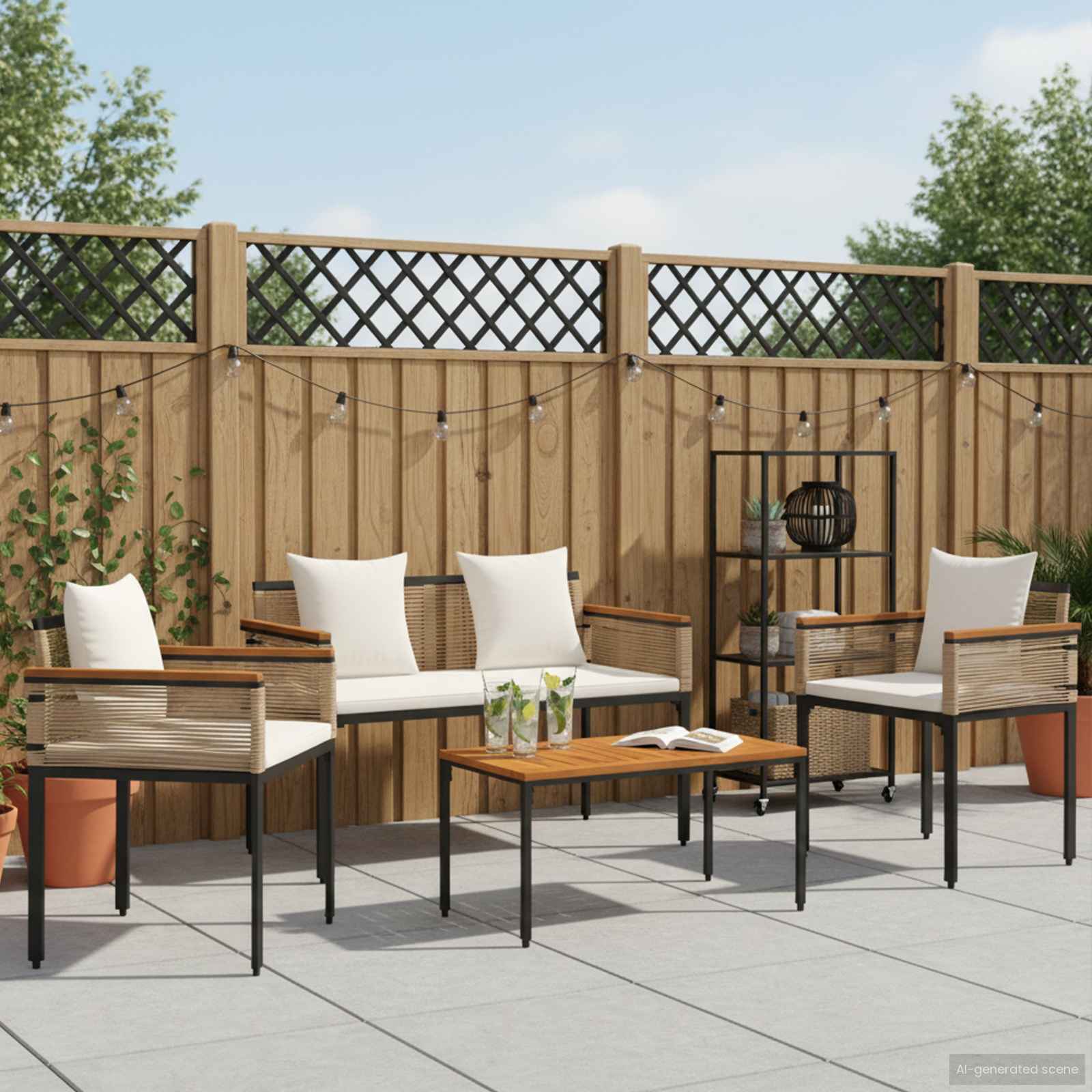 Gartenmöbel Set mit Kissen Beige und Cremeweiß Poly-Rattan