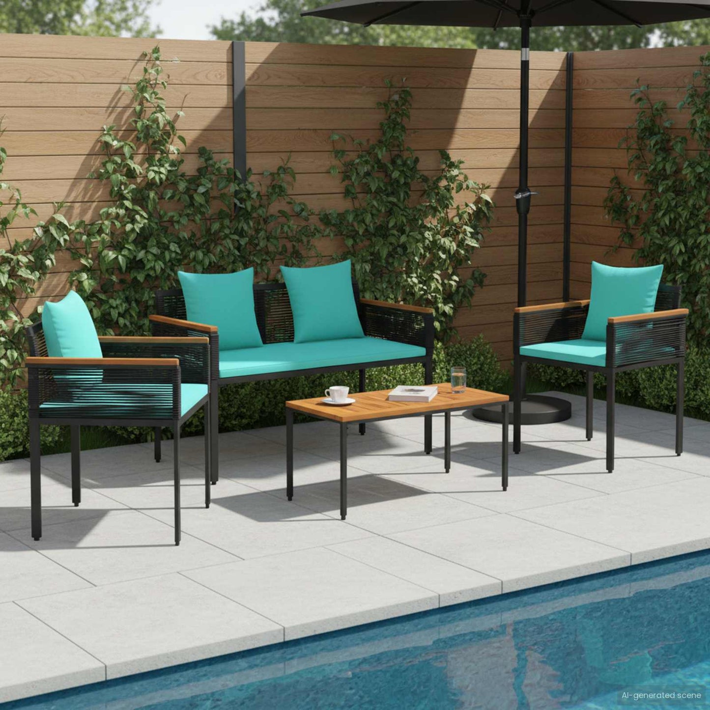 Gartenmöbel Set mit Kissen Schwarz und Türkis Poly-Rattan