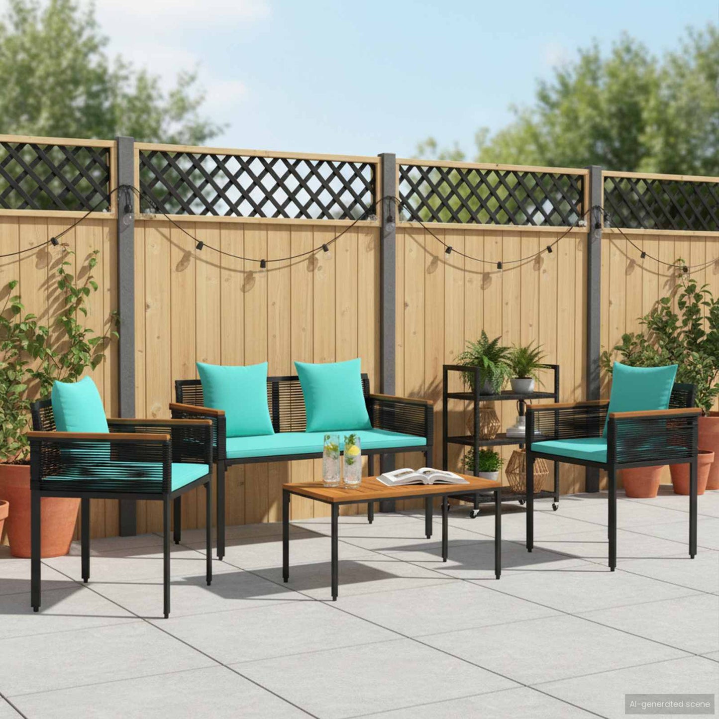 Gartenmöbel Set mit Kissen Schwarz und Türkis Poly-Rattan