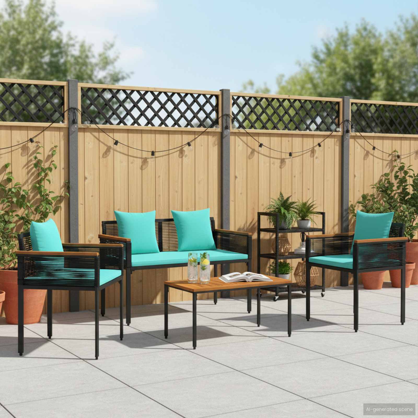 Gartenmöbel Set mit Kissen Schwarz und Türkis Poly-Rattan