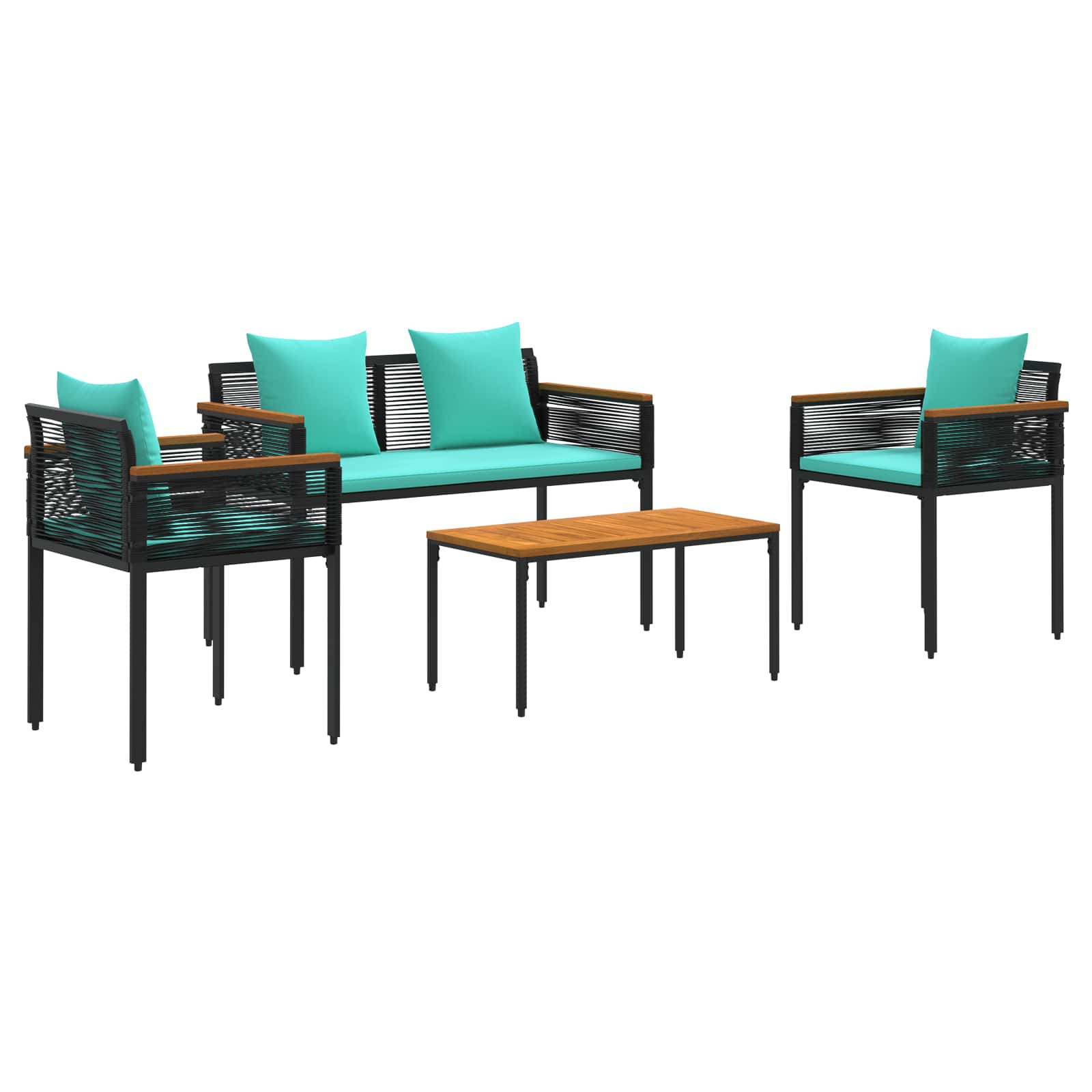Gartenmöbel Set mit Kissen Schwarz und Türkis Poly-Rattan