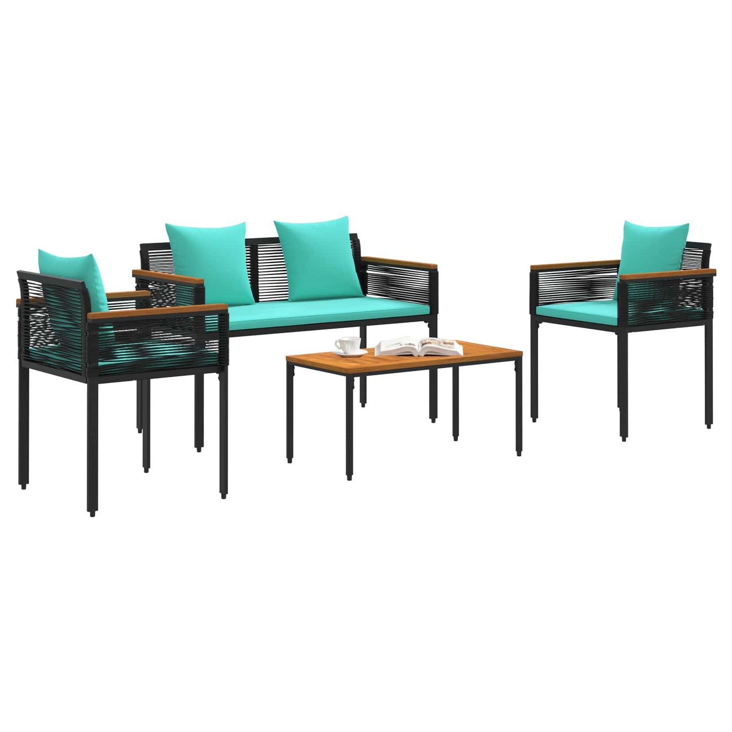 Gartenmöbel Set mit Kissen Schwarz und Türkis Poly-Rattan