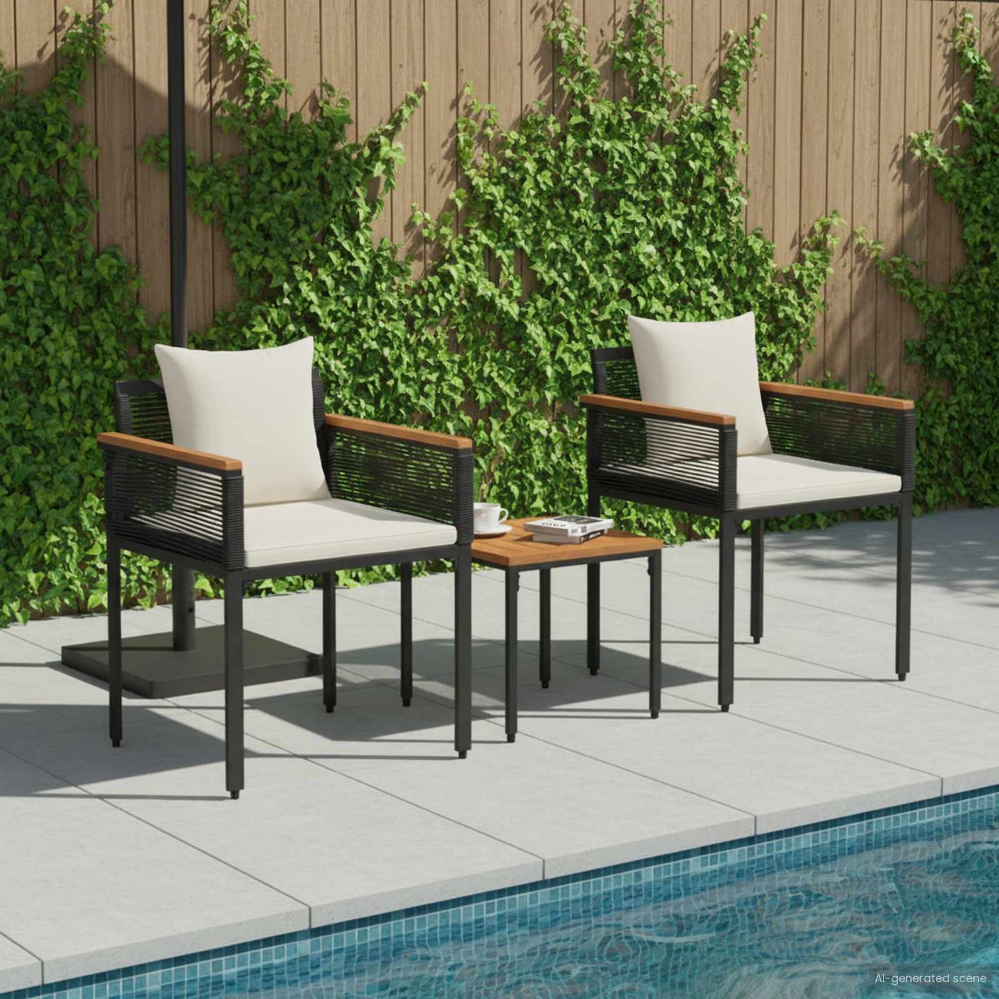 Gartenmöbel Set mit Kissen Schwarz und Cremeweiß Poly-Rattan