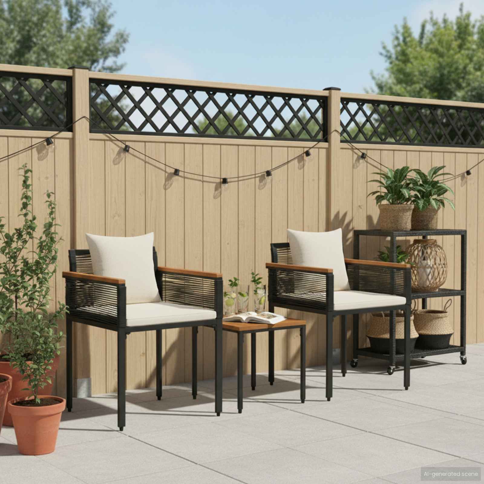 Gartenmöbel Set mit Kissen Schwarz und Cremeweiß Poly-Rattan