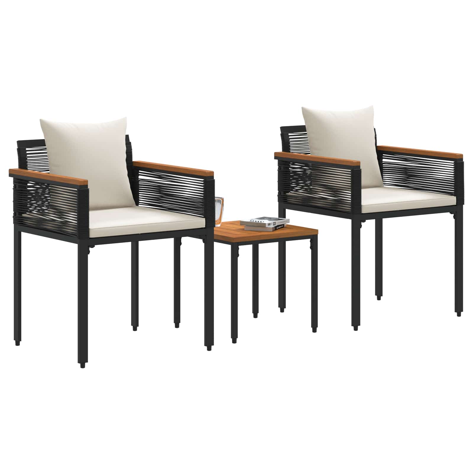 Gartenmöbel Set mit Kissen Schwarz und Cremeweiß Poly-Rattan
