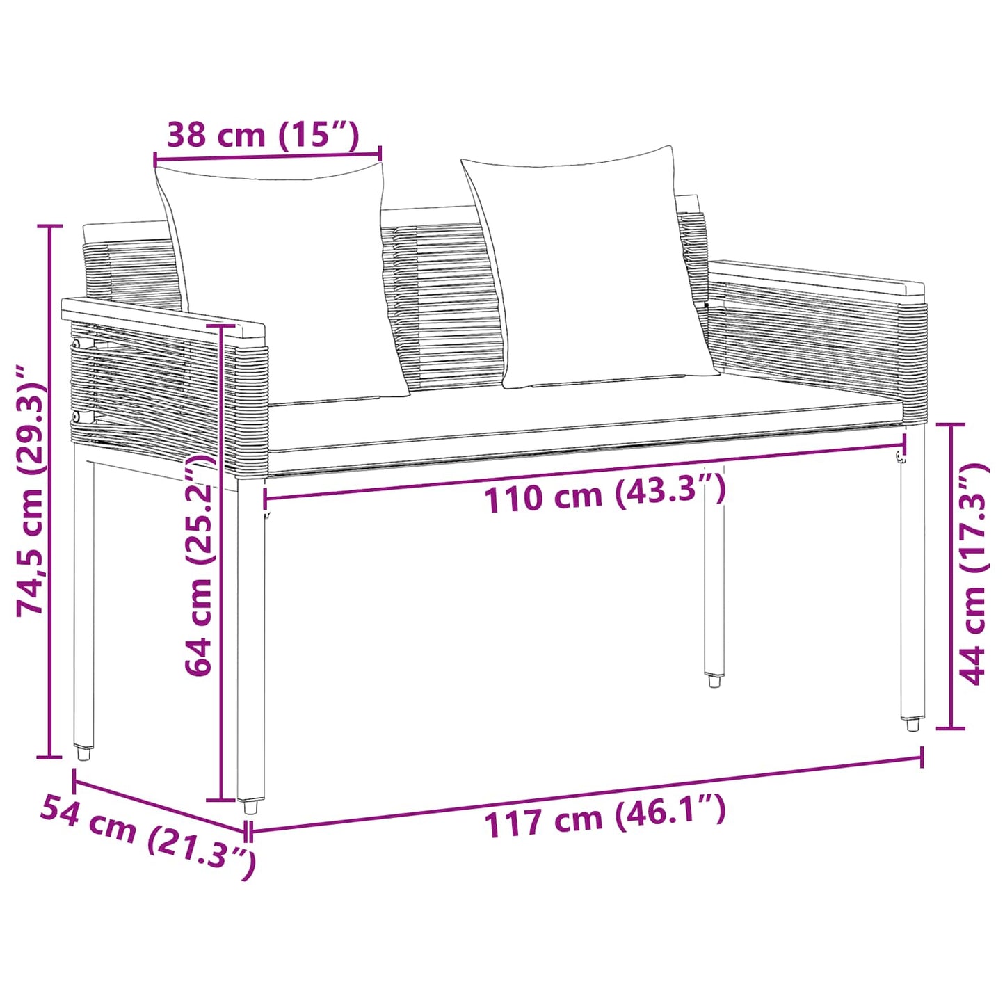 Bank Outdoor 2 -Seater 117 x 54 x 74,5 cm Poly-Rattan