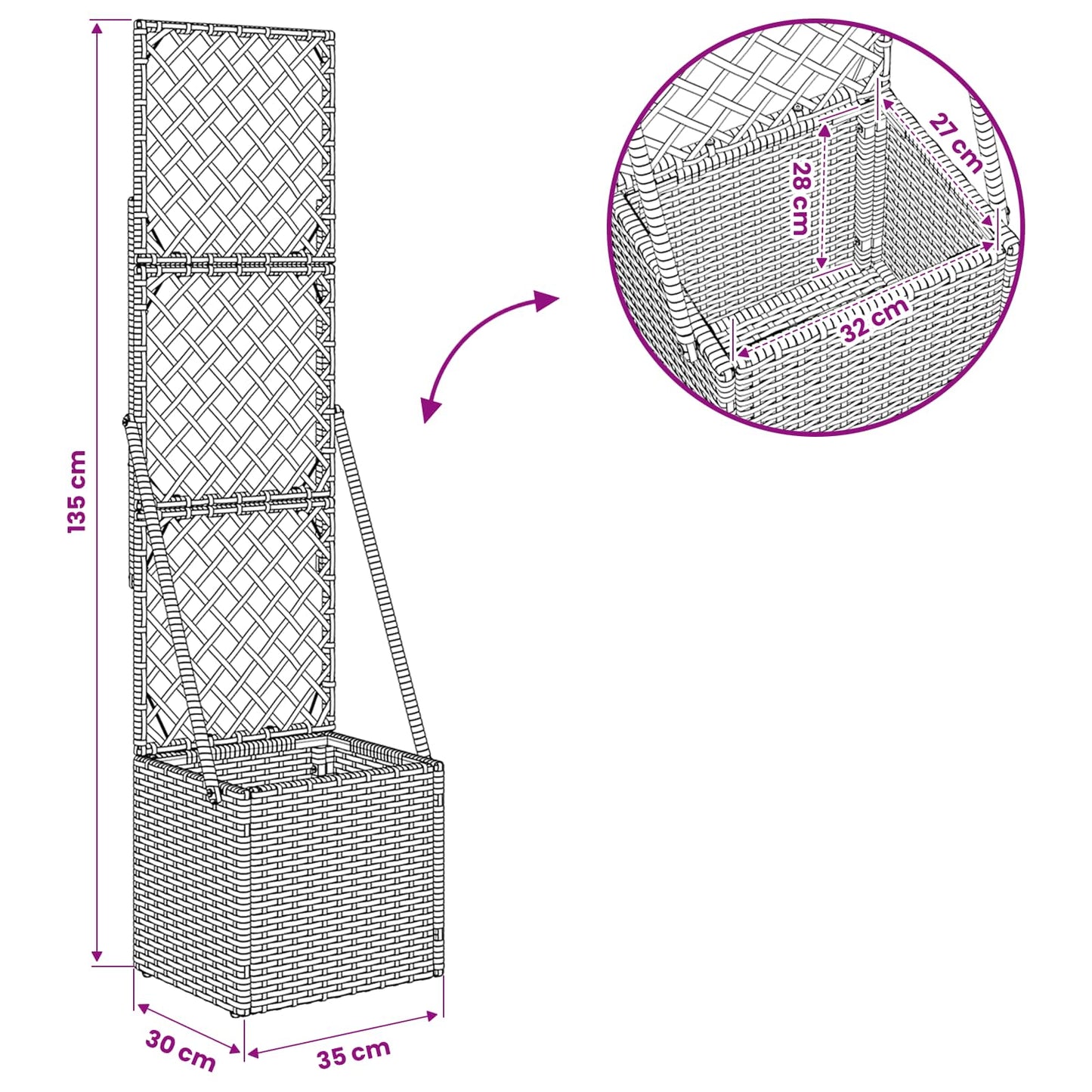 Gartenpflanzer mit Gitter Grau 35 x 30 x 135 cm Poly-Rattan