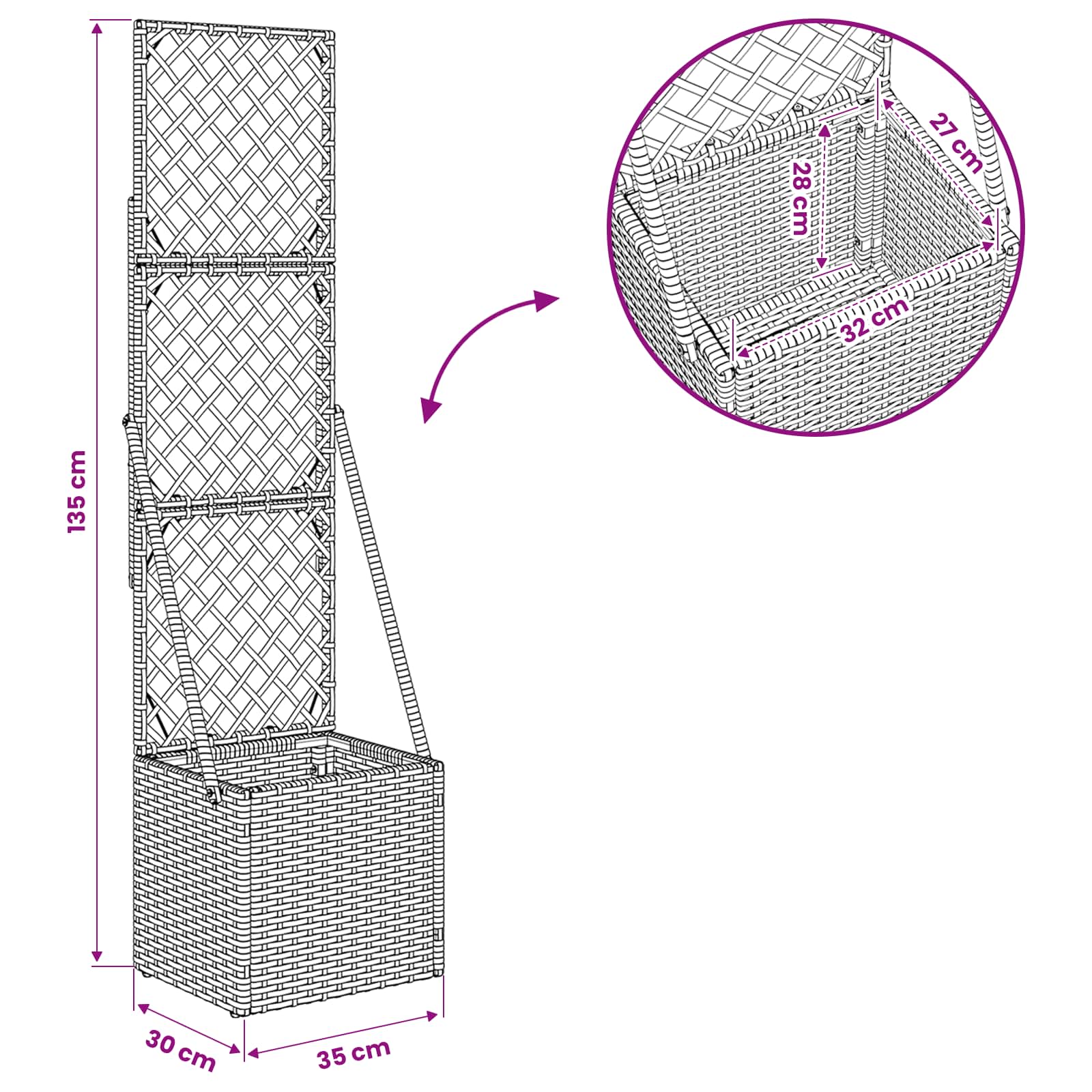 Gartenpflanzer mit Gitter Grau 35 x 30 x 135 cm Poly-Rattan