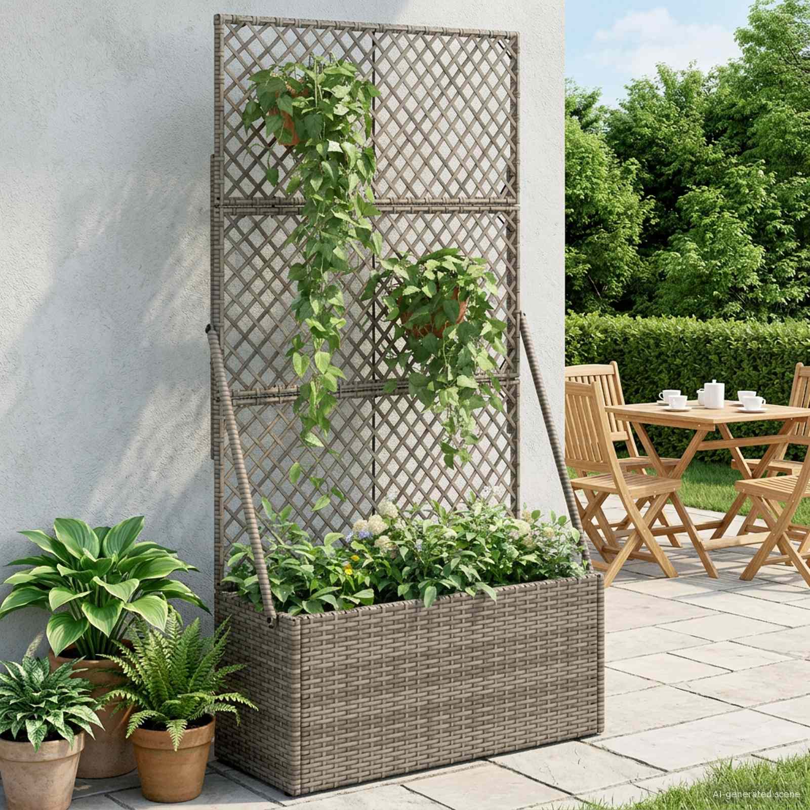 Gartenpflanzer mit Gitter Grau 70 x 30 x 135 cm Poly-Rattan