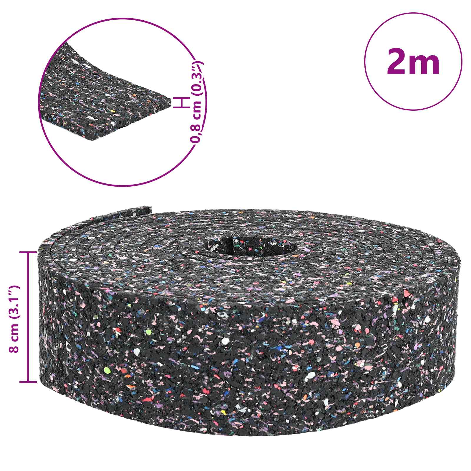 Gummi-Granulat-Rolle Schwarz 200 x 8 x 0,8 cm Gummi