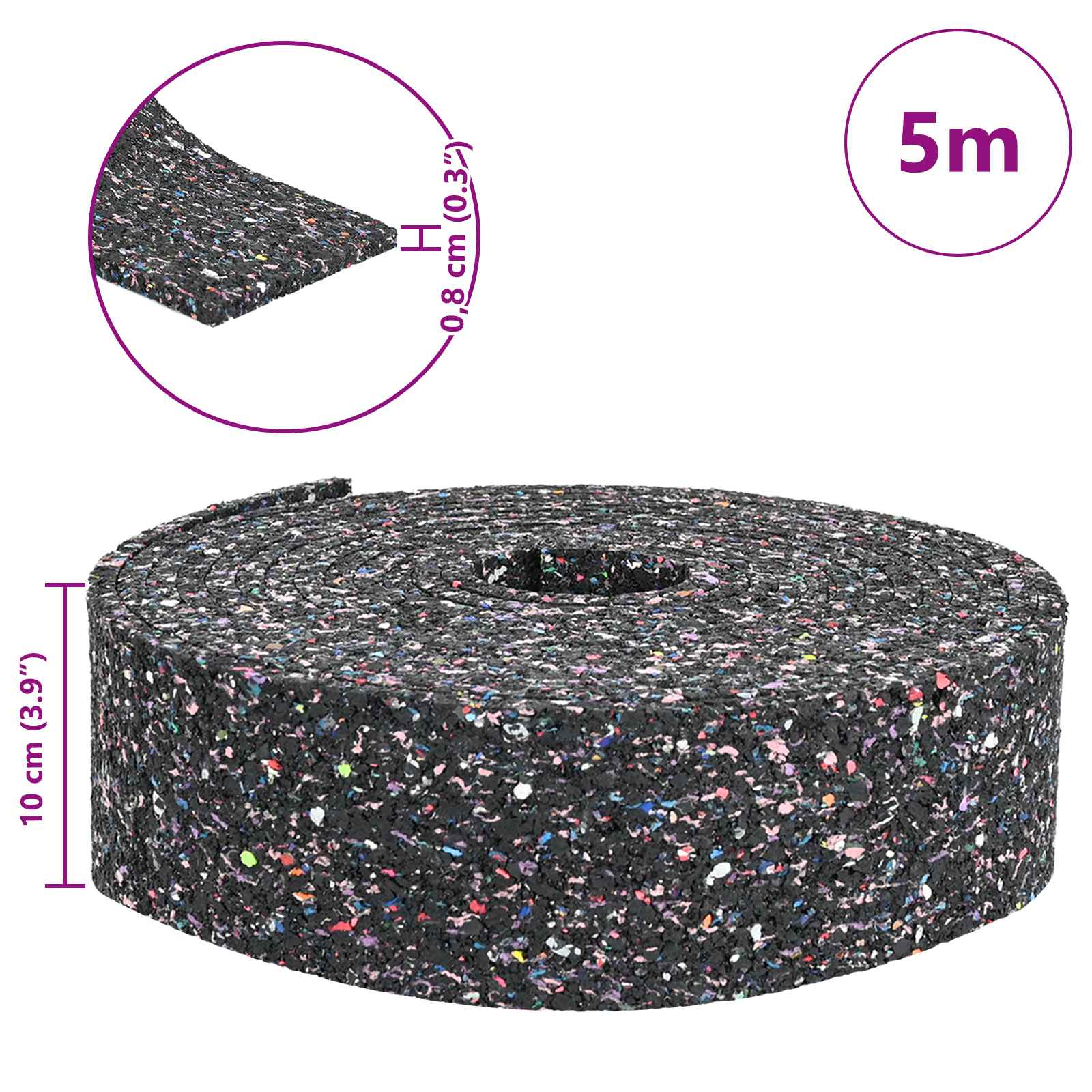 Gummi-Granulat-Rolle Schwarz 500 x 10 x 0,8 cm Gummi