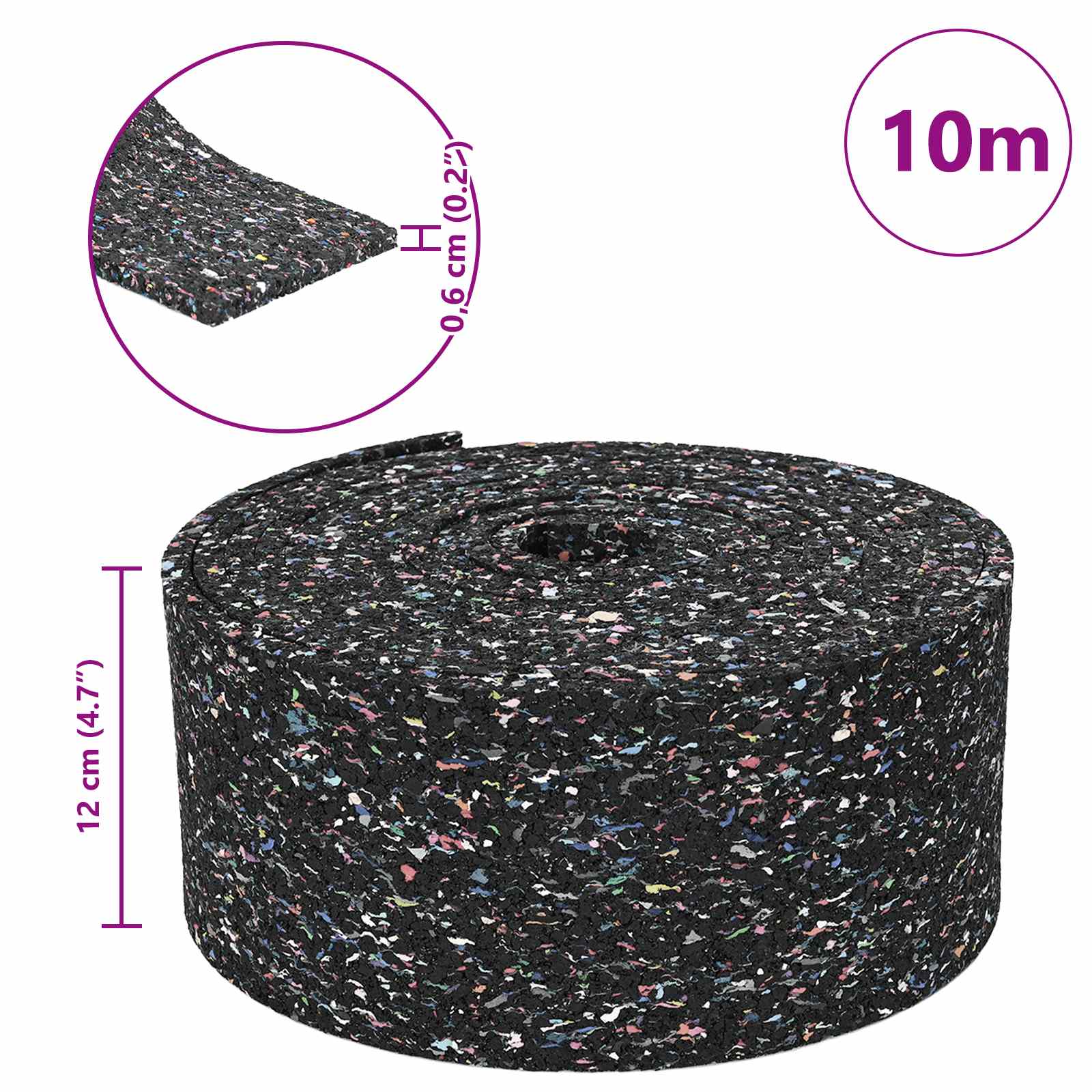 Gummi-Granulat-Rolle Schwarz 1000 x 12 x 0,6 cm Gummi