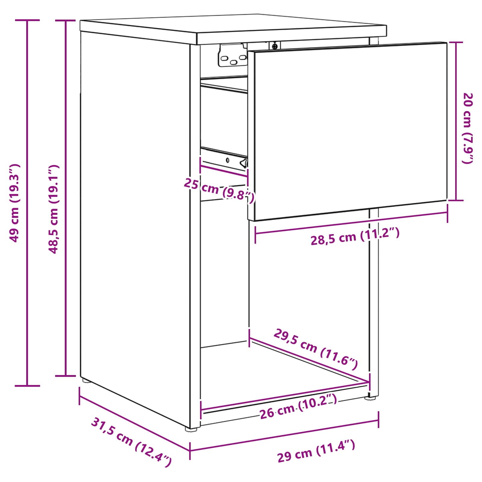 Bettschrank 2 Stk. Schwarz Eichen-Optik 29 x 31,5 x 49 cm