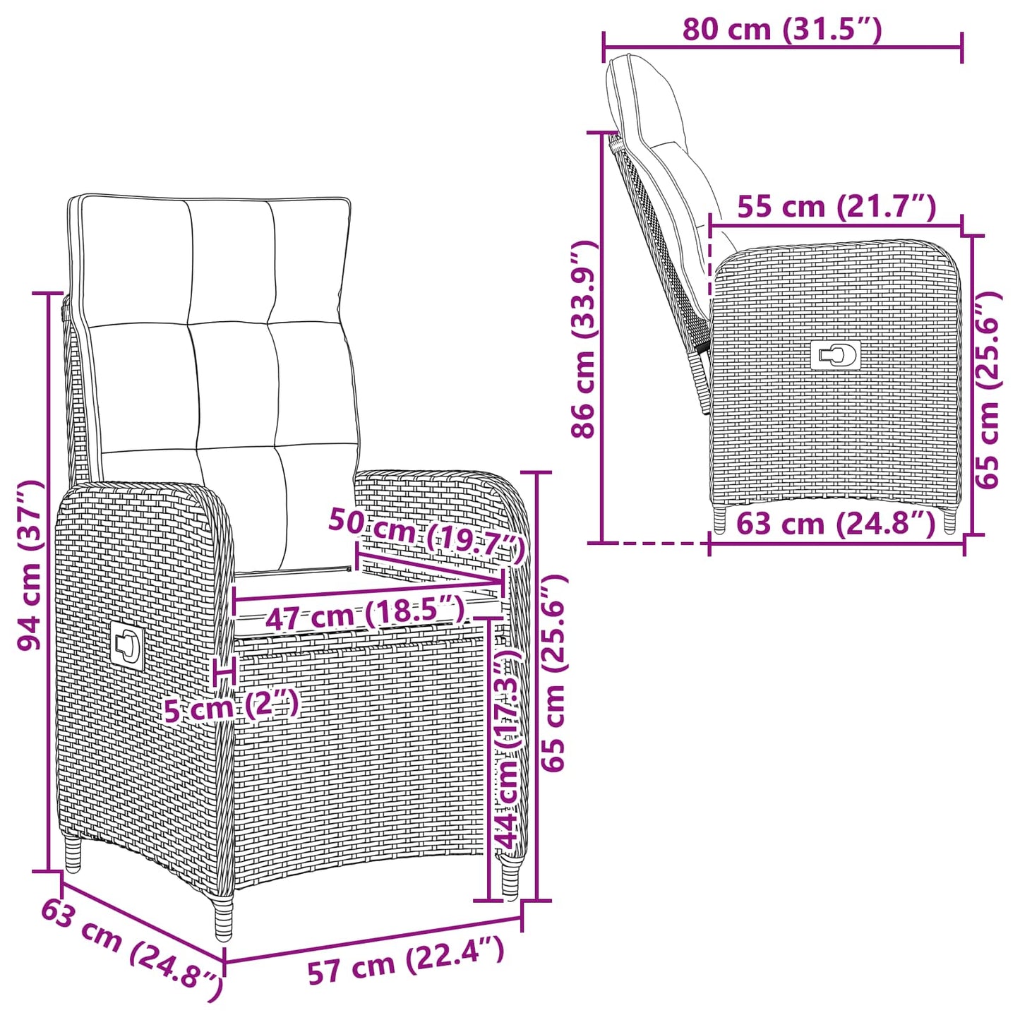 Verstellbarer Gartenstuhl Schwarz und Türkis Poly-Rattan