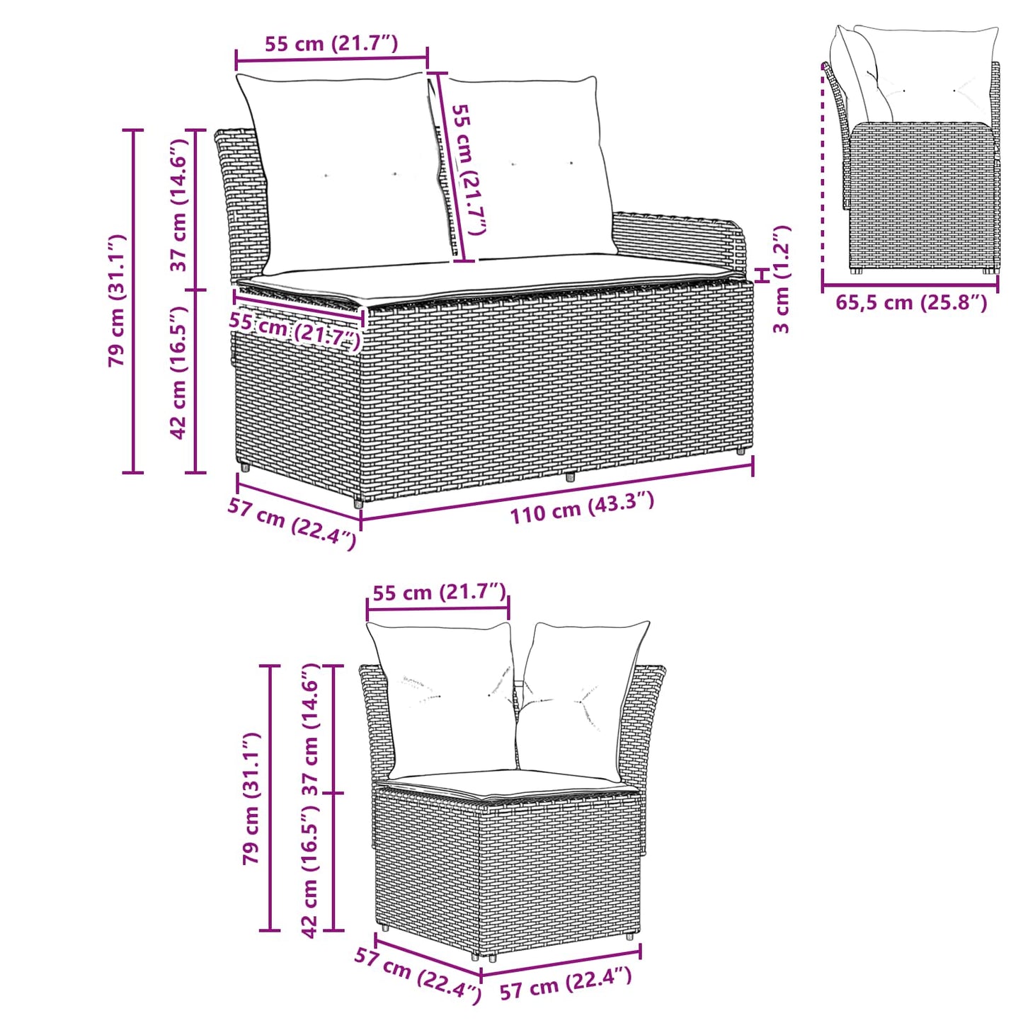 2 Stk. Gartenarmsessel mit Ecksofa PE-Rattan Schwarz
