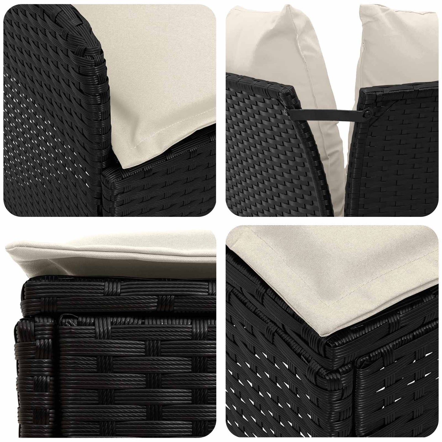 2 Stk. Gartenarmsessel mit Ecksofa PE-Rattan Schwarz und Creme