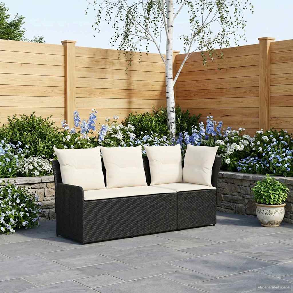 2 Stk. Gartenarmsessel mit Ecksofa PE-Rattan Schwarz und Creme
