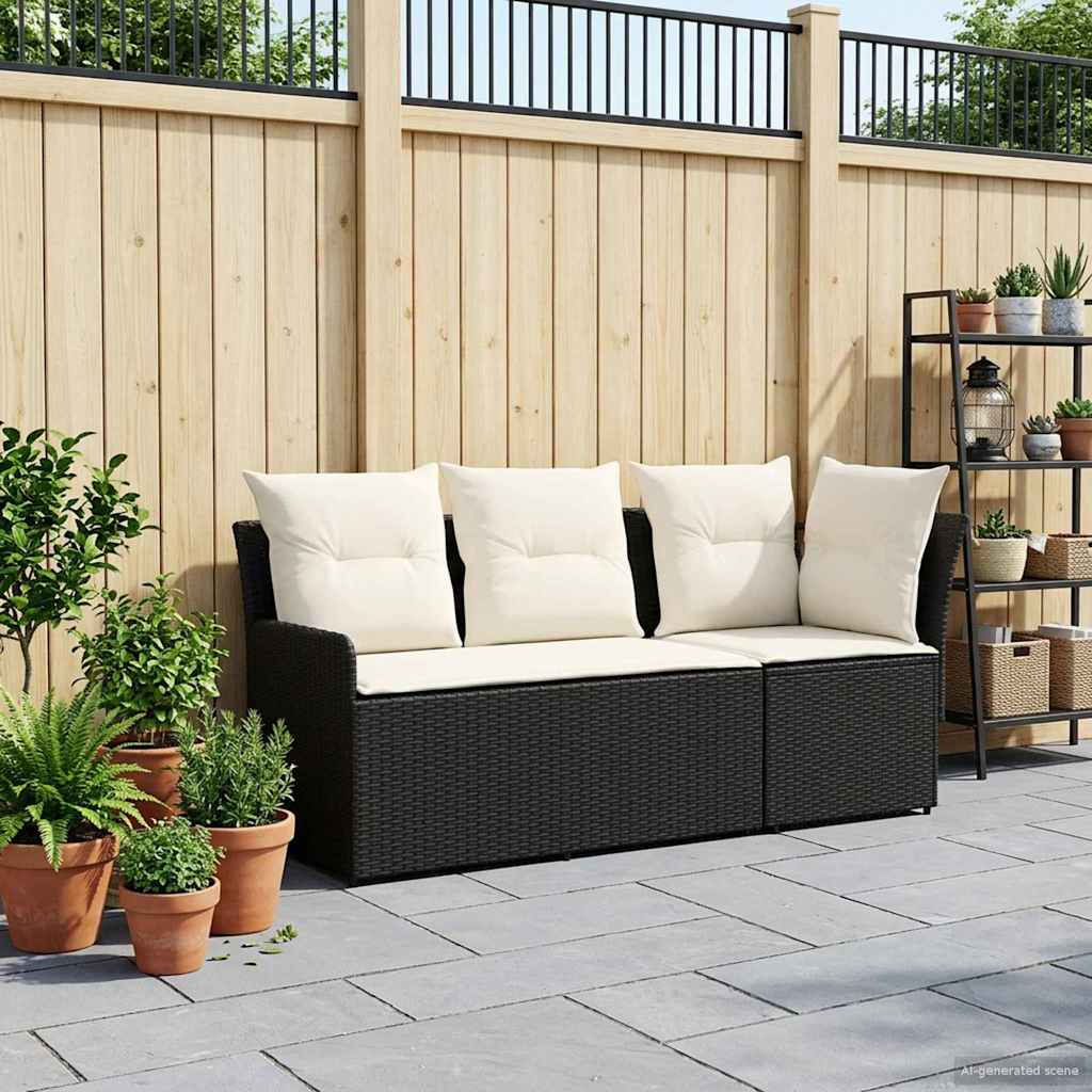 2 Stk. Gartenarmsessel mit Ecksofa PE-Rattan Schwarz und Creme