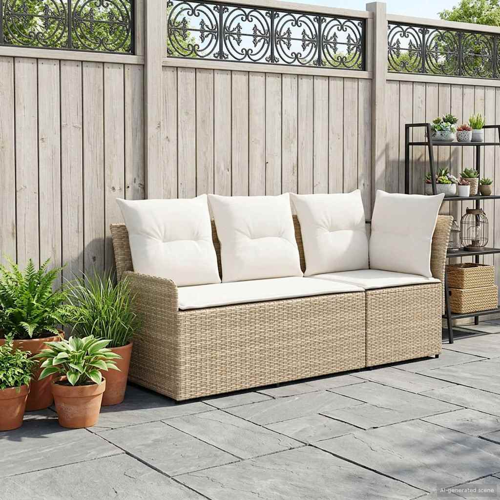 2 Stk. Gartenarmsessel mit Ecksofa PE-Rattan Beige und Creme