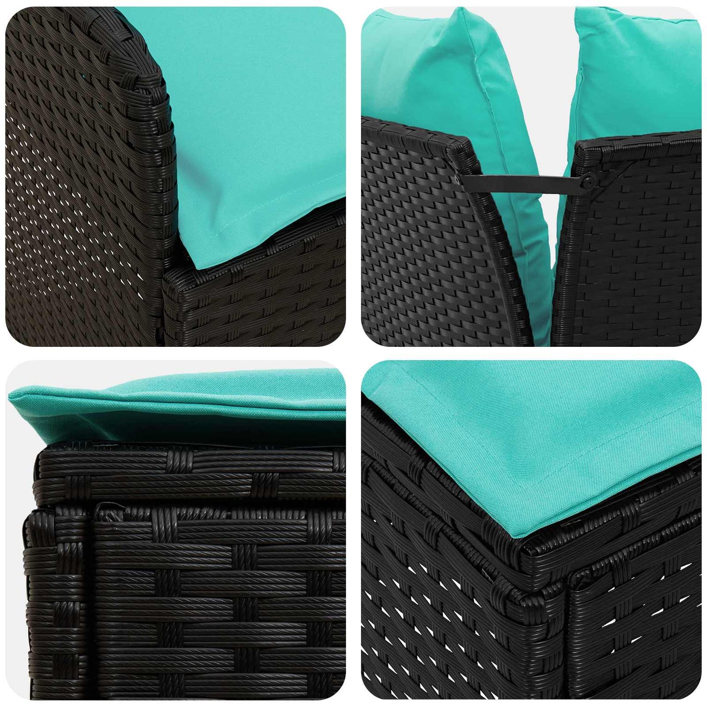 2 Stk. Gartenarmsessel mit Ecksofa PE-Rattan Schwarz und Türkis