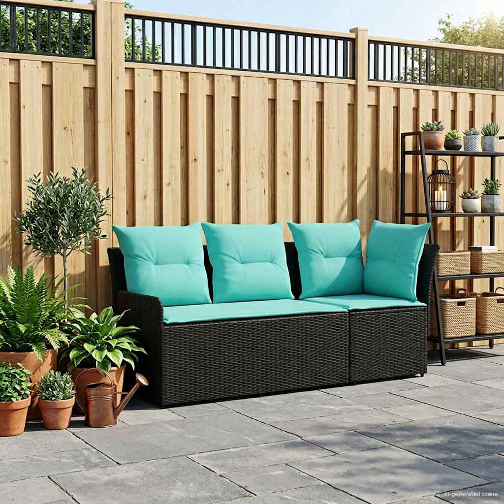 2 Stk. Gartenarmsessel mit Ecksofa PE-Rattan Schwarz und Türkis
