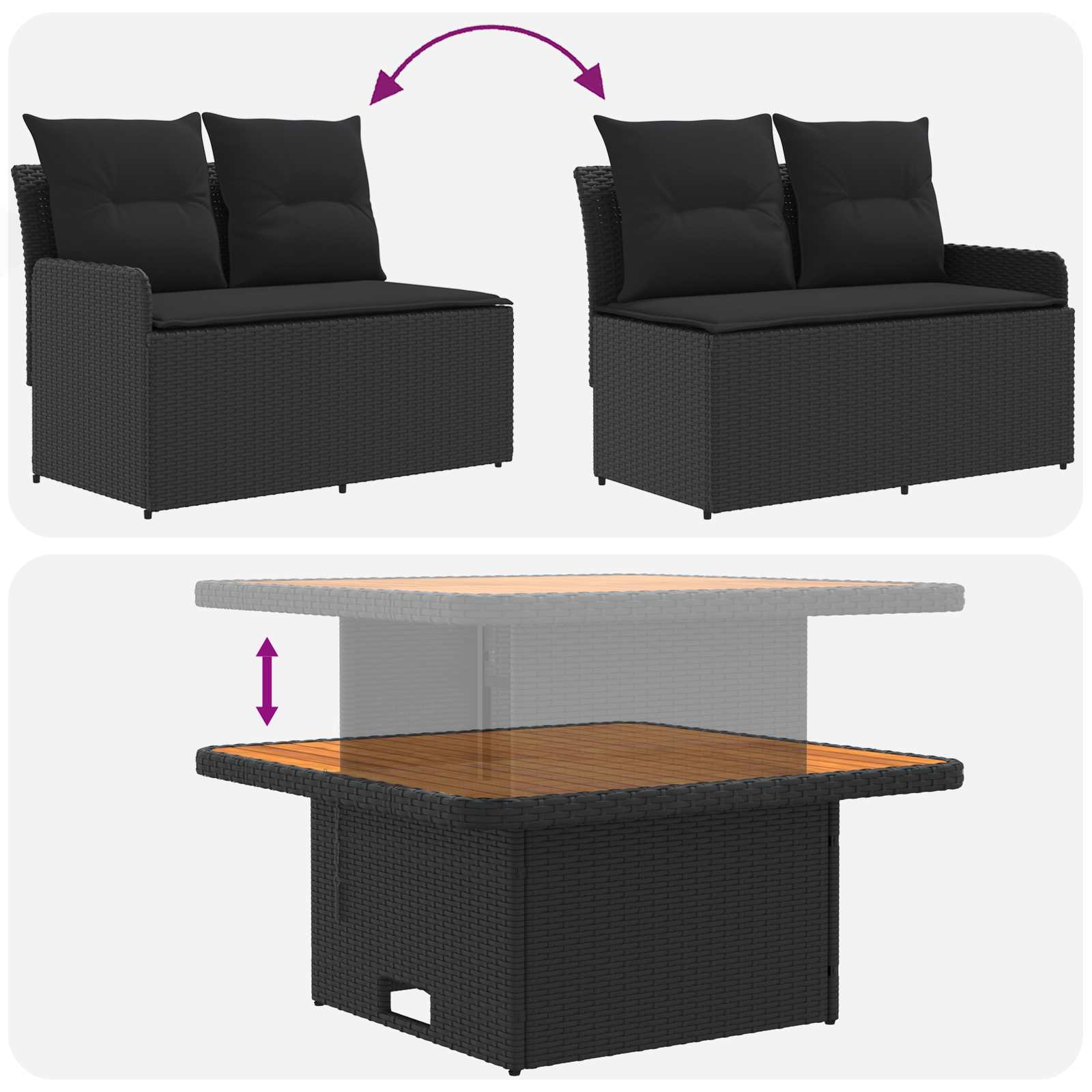 Garten Armlehnen Sofa mit Klapptisch 2 Stück Schwarz PE-Rattan