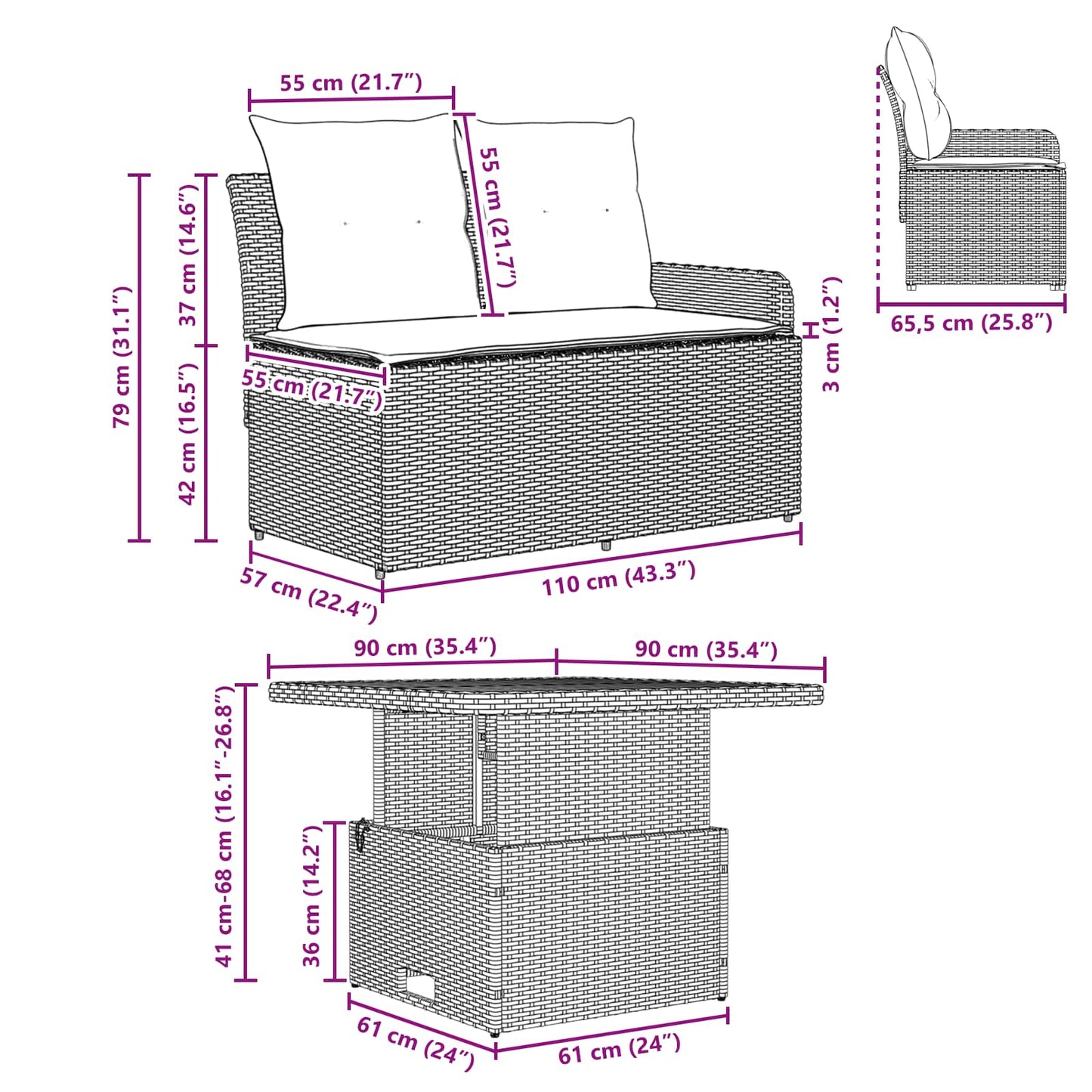 Garten Armlehnen Sofa mit Klapptisch 2 Stück Schwarz PE-Rattan