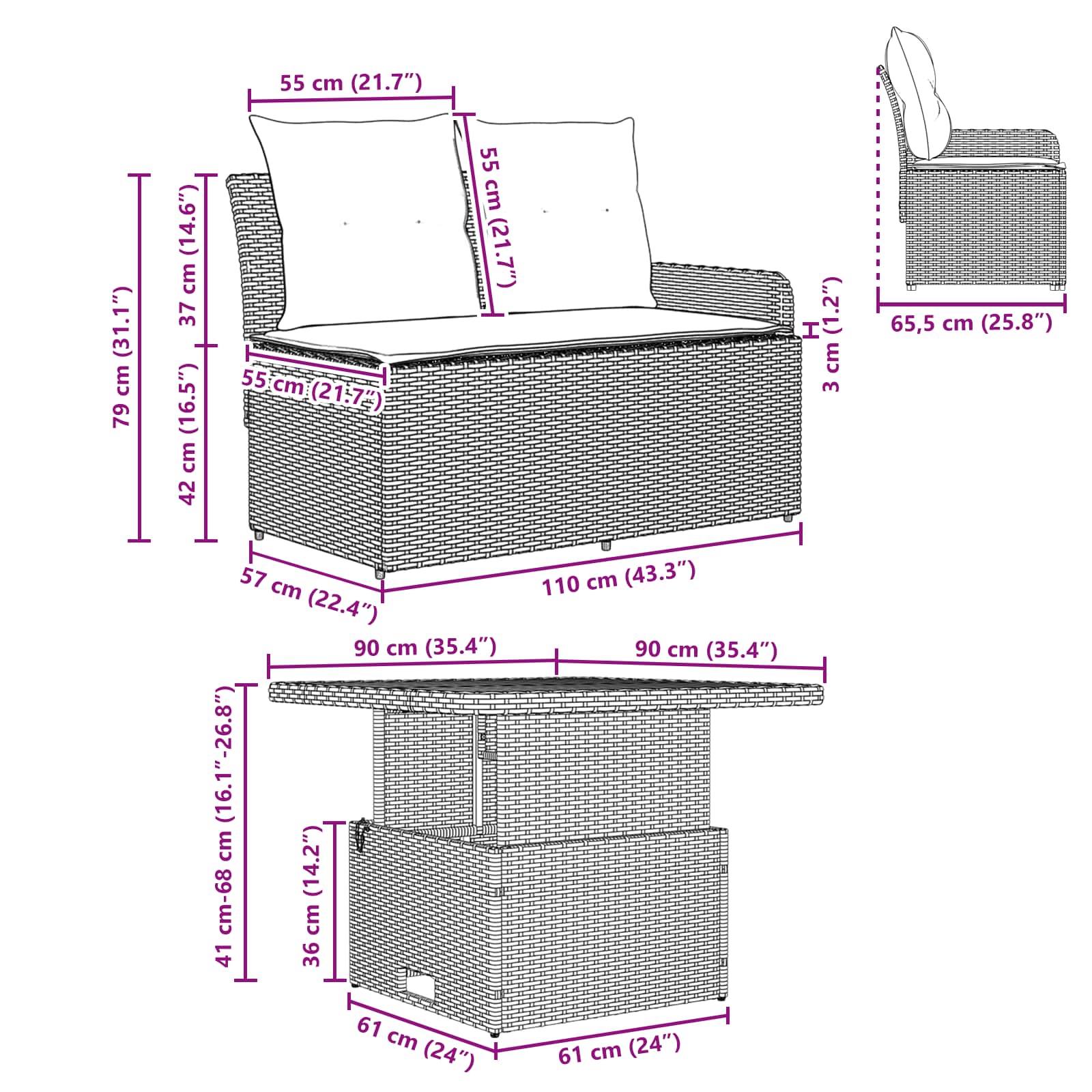 Garten Armlehnen Sofa mit Klapptisch 2 Stück Schwarz PE-Rattan
