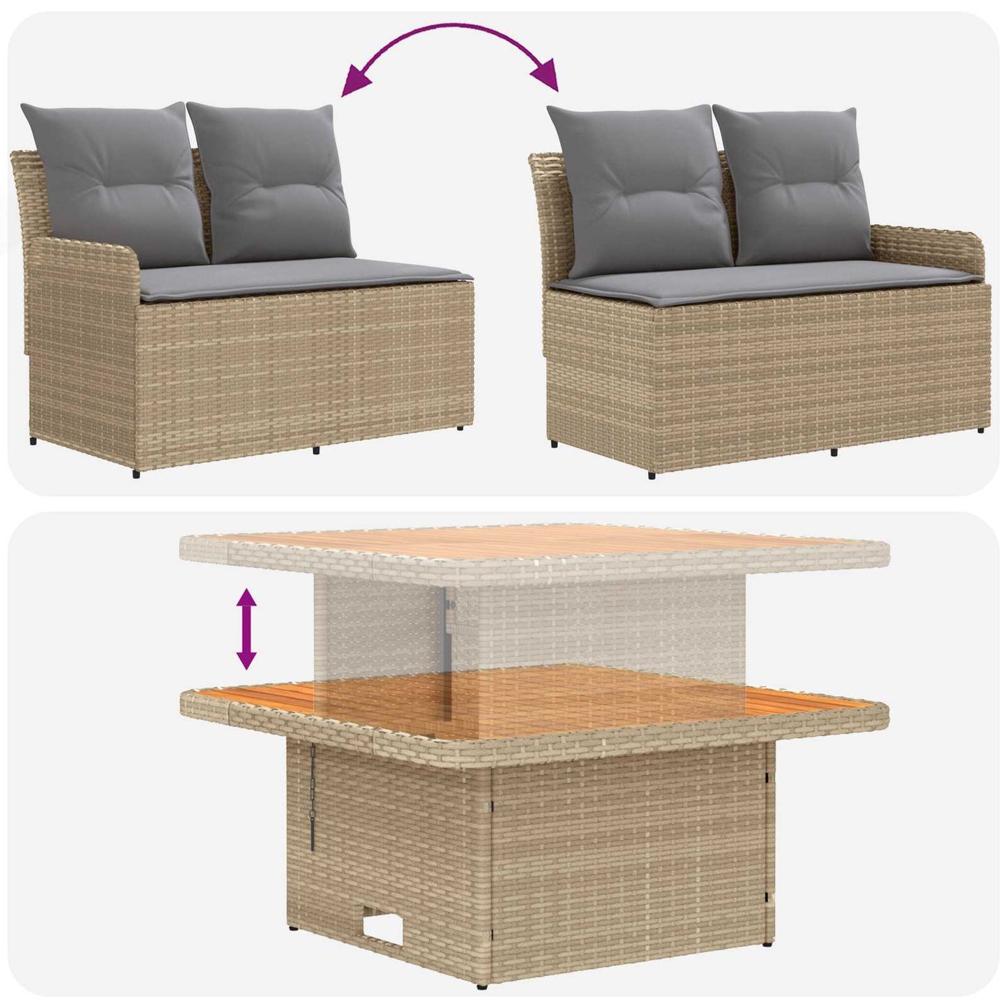 Garten Armlehnen Sofa mit Klapptisch 2 Stück Beige und Hellgrau