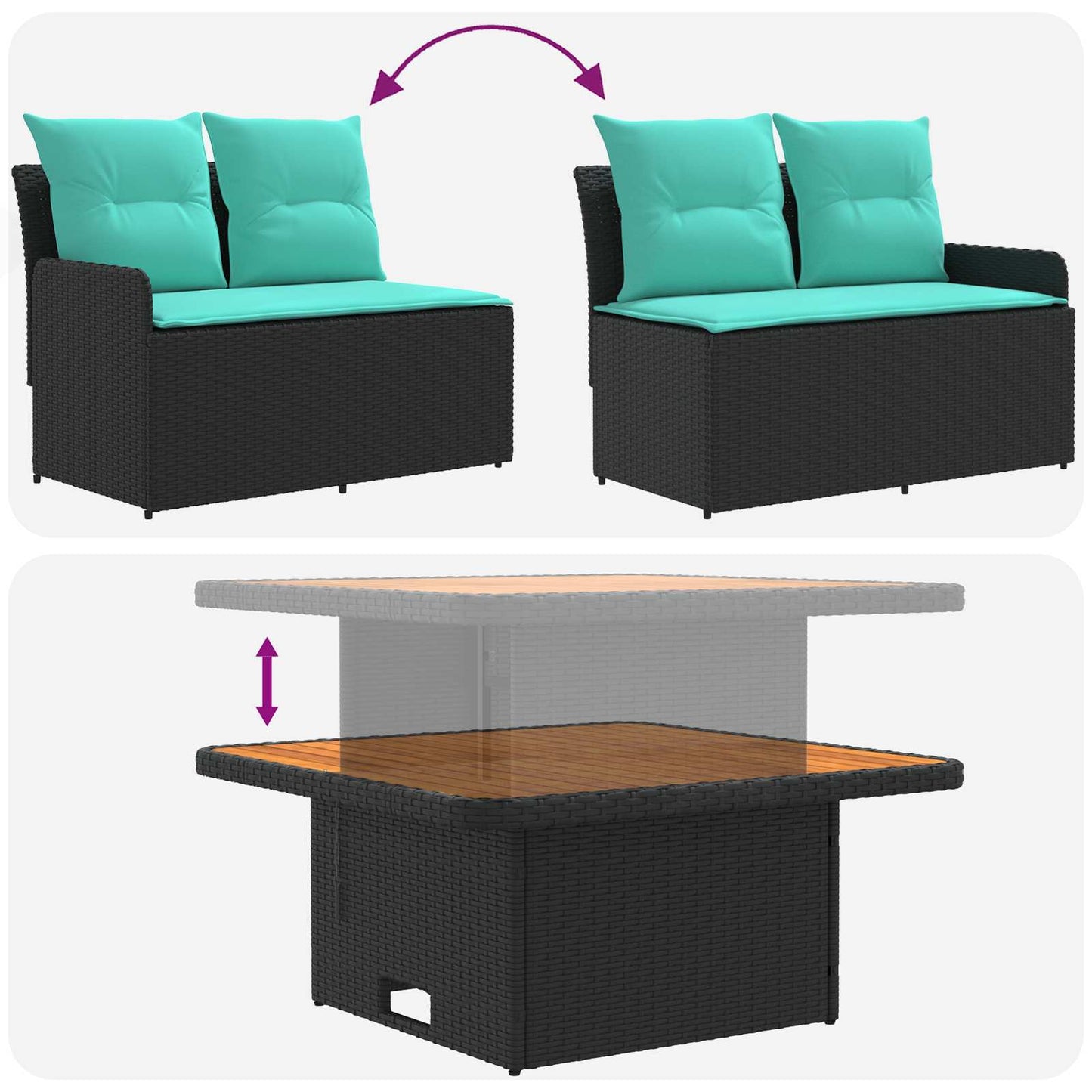 Garten Armlehnen Sofa mit Klapptisch 2 Stück Schwarz und Türkis
